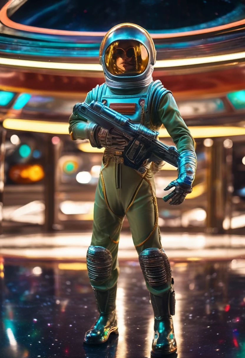 Cinematic still, photo realism, depth of field, bokeh, full body, slim alien space ranger, in head to toe a 1950s atomic punk space suit, holding a laser pistol and standing in an classic action pose, 4 fingers, glass dome covering head, glowing markings below his eyes, scene set inside space ship, The Amazing Eternals