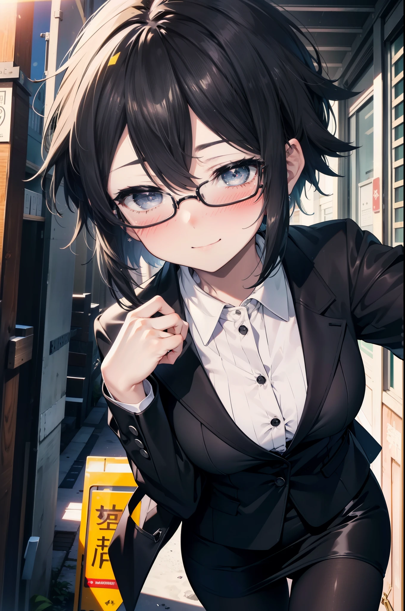 Shino Asada, Shino Asada, (black eye:1.5), Black Hair, Hair between the eyes, Hair Ribbon, short hair, Side Lock, Black-rimmed glasses, Medium-sized bust office lady, Black suit jacket, Collared jacket, White dress shirt, Collared shirt, Neckline, button, Black pencil skirt, Black pantyhose, Stiletto heels,happy smile, smile, Open your mouth, smile,blush,charm, whole bodyがイラストに入るように,morning,morning陽,The sun is rising,Walking,
break looking at viewer,whole body,crowd, people々々,
break outdoors, In town,Building district,
break (masterpiece:1.2), highest quality, High resolution, unity 8k wallpaper, (shape:0.8), (Fine and beautiful eyes:1.6), Highly detailed face, Perfect lighting, Highly detailed CG, (Perfect hands, Perfect ???????),