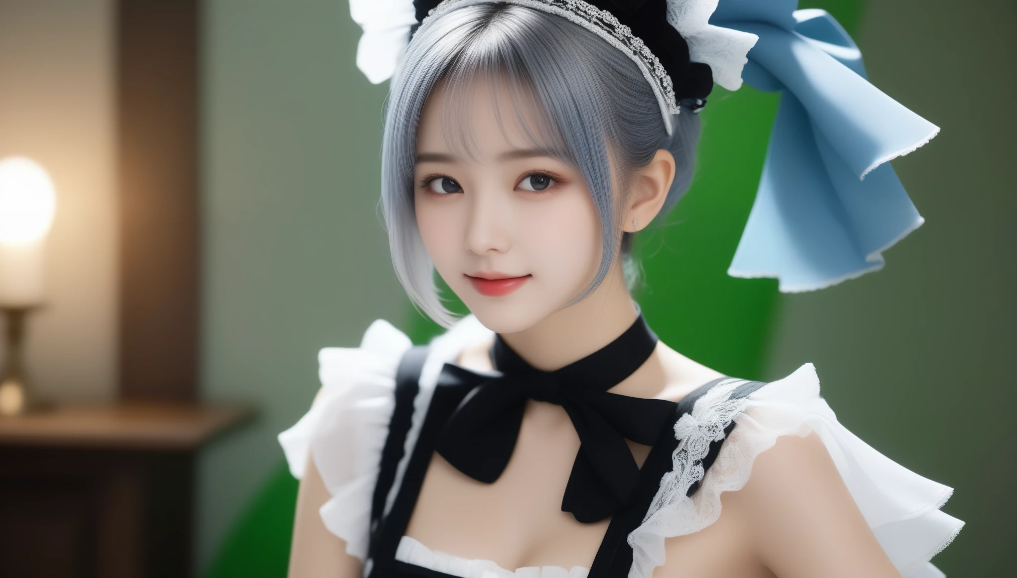 8K, Ultra-high resolution, highest quality, masterpiece, Surreal, photograph, 1 girl, (:1.3), pretty girl, Cute face, Beautiful eyes in every detail,masterpiece, alone, whole body, Blue-silver hair, short hair with dull bangs, Green Eyes, She stood and pinched her skirt between her fingers、Greetings Curtsy, She wears a black maid costume, With white lace collar, With breastplate、White colored apron with white lace ruffles on shoulder straps, White lace ruffled headdress, Shoes with black strap, Mucha style background,((Spread your thighs))、Sexy pose、See through 、Look at the audience、beauty,Long neck、Smile a little、Please close your mouth and laugh、(((Ideal body proportions))),A cup small breasts :2,、Portraiture:2、Perfect Anatomy、Vivid details、detailed、Surreal、Light and shadow,Strong light,Fashion magazine cover,Thin lips