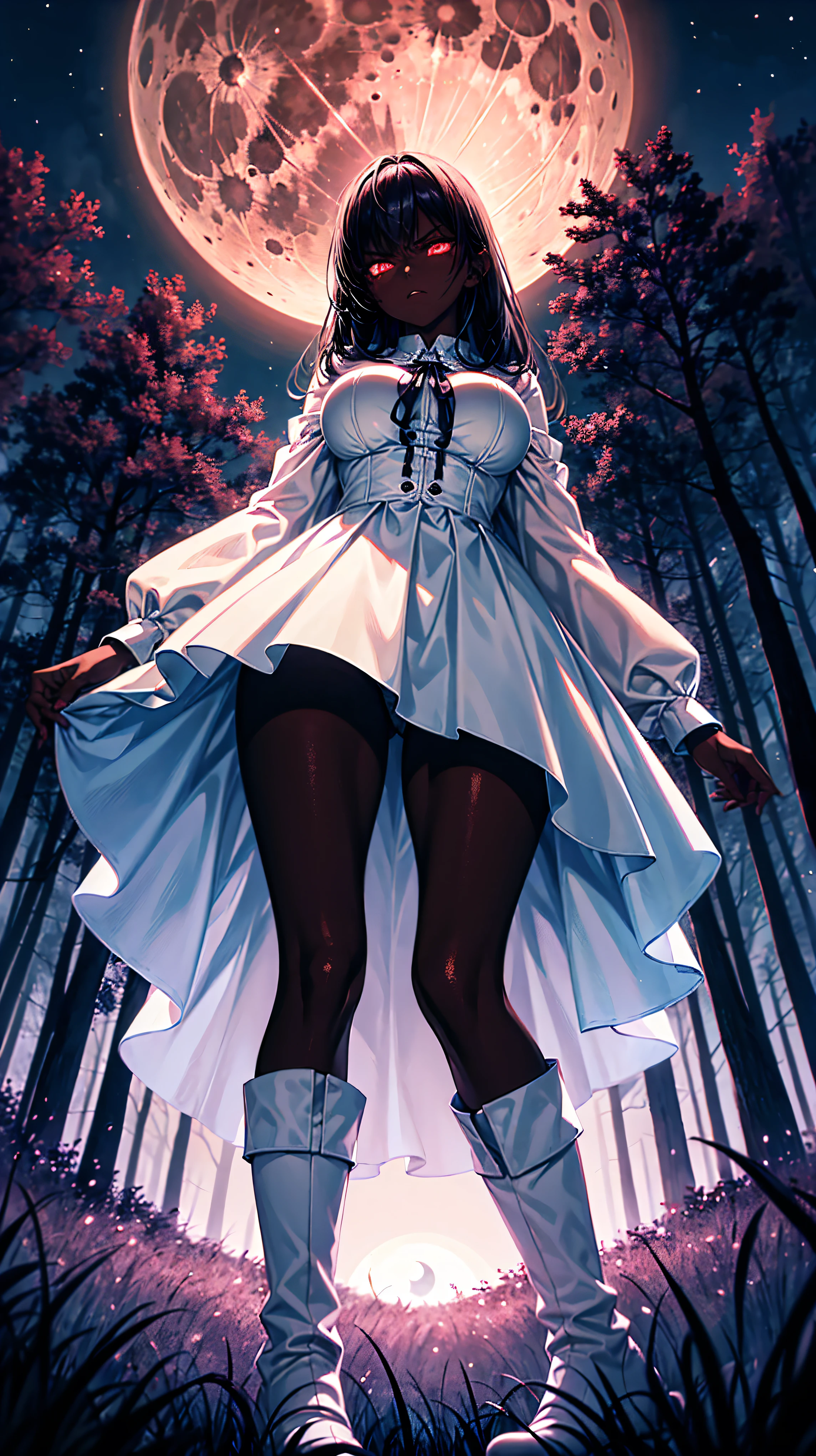 skin reflecting light, lustrous dark skin, shiny effect, glowing evil eyes, angry girl, big bust, white clothes, long-sleeves puffy shirt, tulle skirt, white boots, forest at night, moonlight, giant moon, darkness, view from below, upskirt