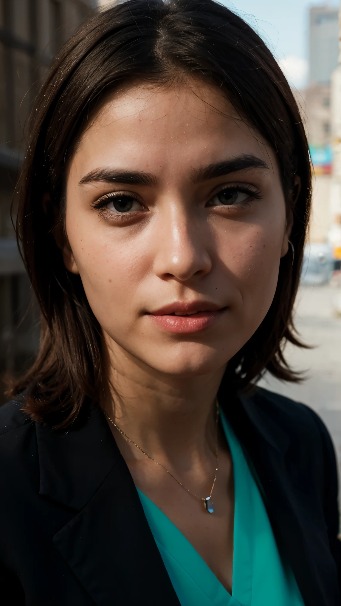 Un portrait 32K HDR d&#39;une femme assise à l&#39;extérieur portant une veste noire et un pantalon bleu prenant un café et un arrière-plan réaliste de la ville de New York regardant le spectateur avec un sourire cool