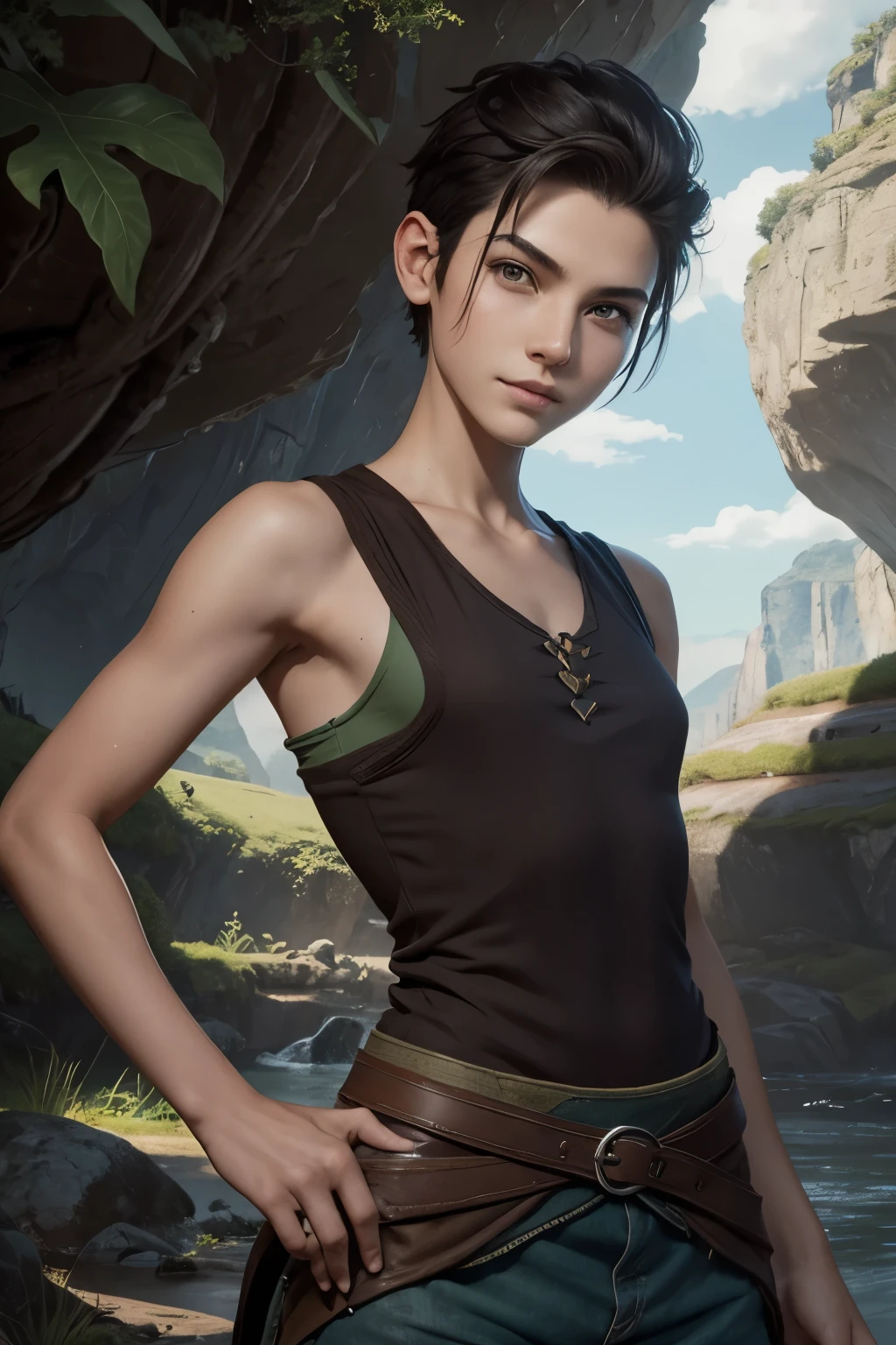 A happy young woman with an undercut in a fantasy setting. An adventurer and a ranger. Very androgynous looking. In a good mood. Sympathic. Tomboyish. Androgynous. Slim body. Very . Very small breasts. Wide hips. Thick legs. Face: Extremly pale skin with liverspots and freckles. Soft narrow face with a round chin. Soft small jaw. Big forehead. Very thin barely visible eyebrows. Upturned big dark-brown eyes. Dark-brown eyecolour. Very long and wide nose. Big curved lips. Very short dark-brown hair. A boyish short haircut. Undercut. Sides shaved. A tight fantasy outfit of a lonley adventurer and ranger with a tank top. Background: Bright open wide green plains and a blue sky. 