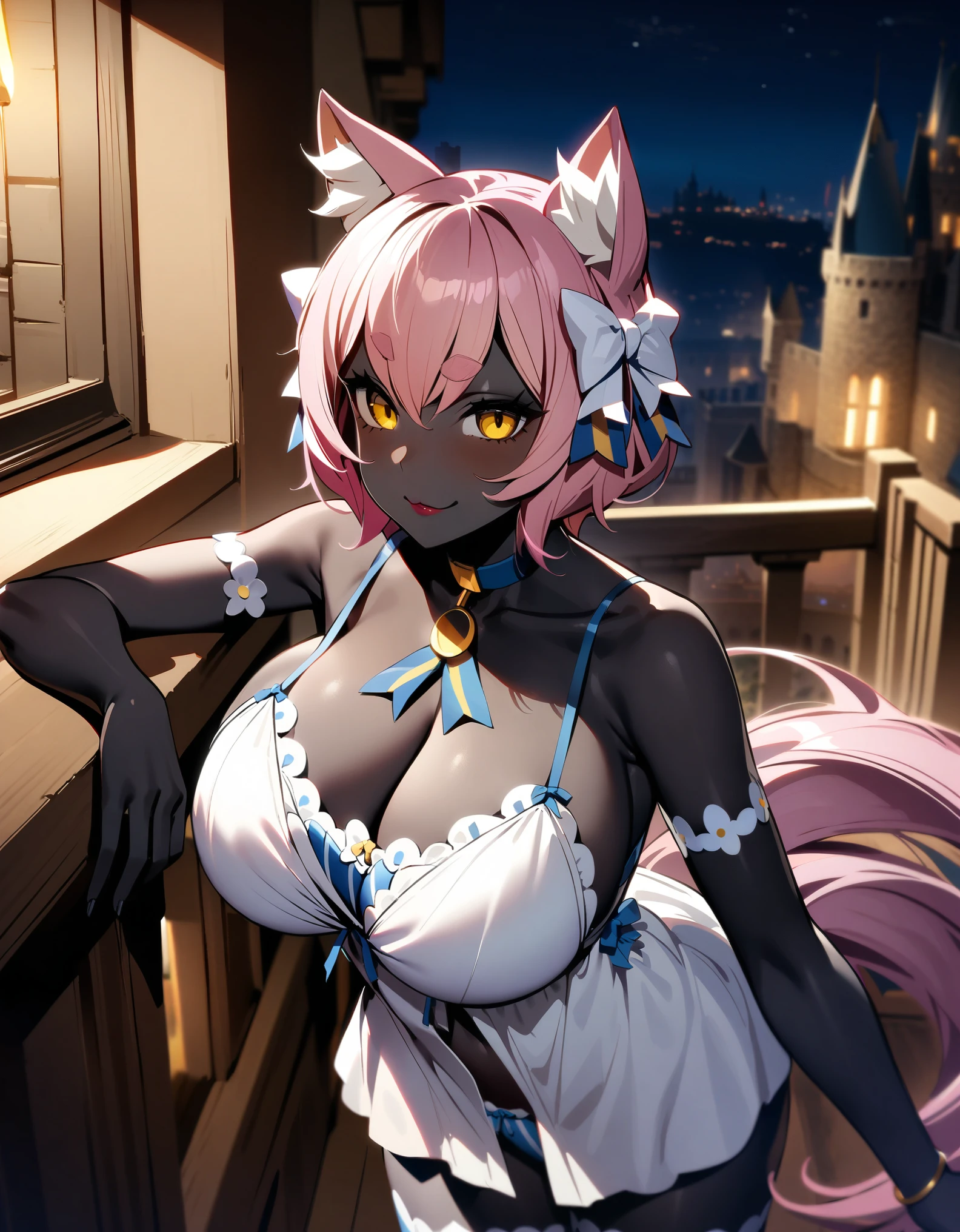 masterpiece, best quality, extremely detailed, 1girl, (milf:1.3), solo, (dark skin, black skin:2), felix argyle, (huge breasts:1.28), ((((pink hair), very long hair, yellow eyes, cat ears))), red lips, (((hair bow, night gown, lingerie))), ((naughty smile, sadistic), closed mouth), ((balcony, castle, night))