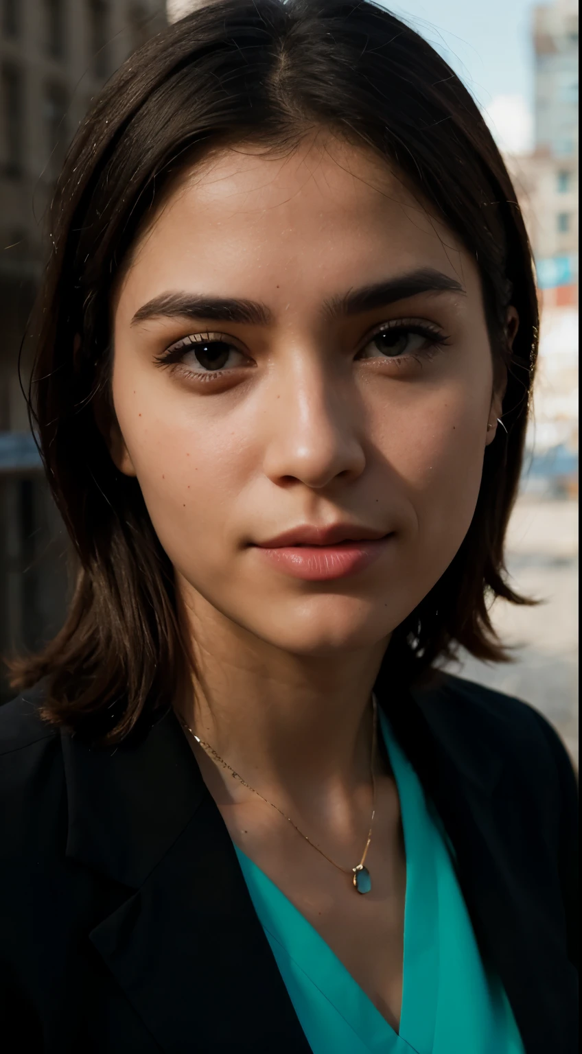 Un portrait 32K HDR d'une femme assise à l'extérieur portant une veste noire et un pantalon bleu prenant un café et un arrière-plan réaliste de la ville de New York regardant le spectateur avec un sourire cool