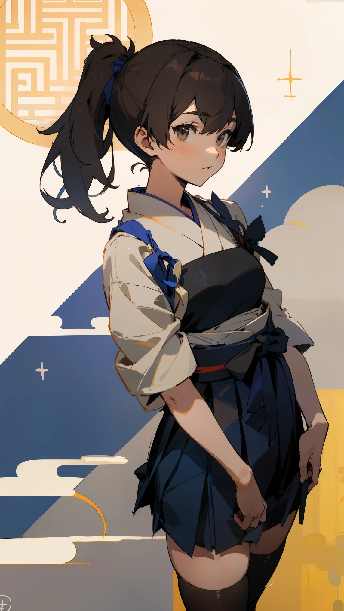 (masterpiece, highest quality) detailed, kaga (kancolle), {{kaga kai ni (kancolle)}}, side ponytail, brown eyes, black long hair, black thighhighs, short skirt, hakama skirt, japanese clothes, , blue hakama, hakama, muneate, tasuki, whole body,Chinese element pattern,thigh, Japanese bow, Ready the Japanese bow