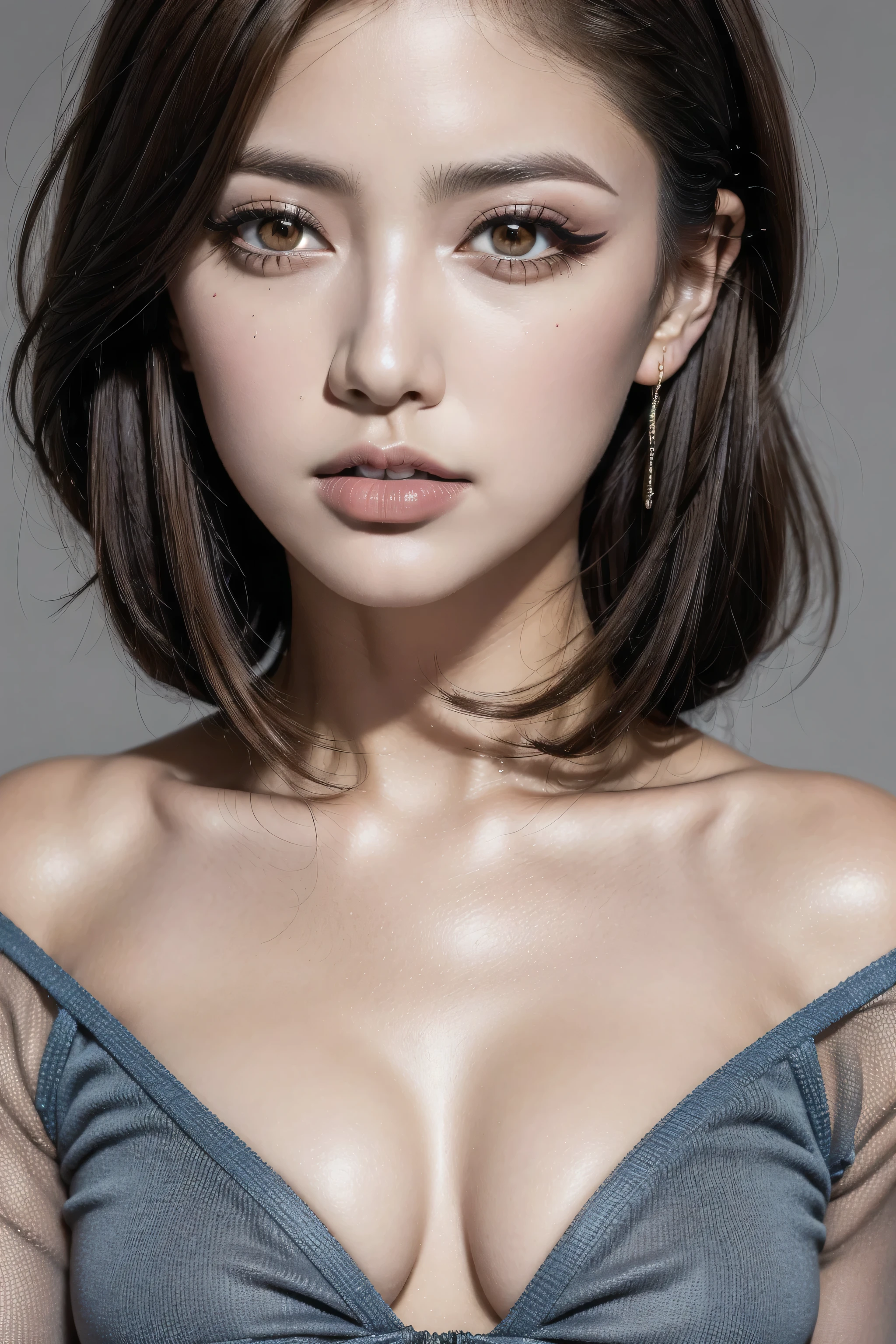 (extremely detailed sharp-photo:1.1),(1girl:1.35, 20-year-old), Realism, highest resolution, (depth of field), (the most absurd quality),((highest quality realistic texture skin)),((highest quality realistic texture hair)),BREAK,((brown hair, (slicked to the side), extremely detailed:1.43)), ((perfect proportions)),((anatomically correct)),((big, firm and full breasts:1.3)),(the most absurd quality perfect eyes), (super detail: beautiful round face), ((light pale complexion)), ((Insanely detailed clear and sharp perfect round realistic purple_eyes)), finely detailed pupils, (best details, beautiful, symmetrical, full lips:1.3), (long_blue_eyeliner:1.25), (pink_lipstick:1.3), (perfect dark_eyeshadows:1.35), (Detailed nose:1.2), ((Upper body shot)), ((wearing a tight black knitted mini dress:1.35)), ((small round head:1.3)), exquisite balance of shadows,perfect composition,((look at the viewer)), Hasselblad, 85mm f/4.0