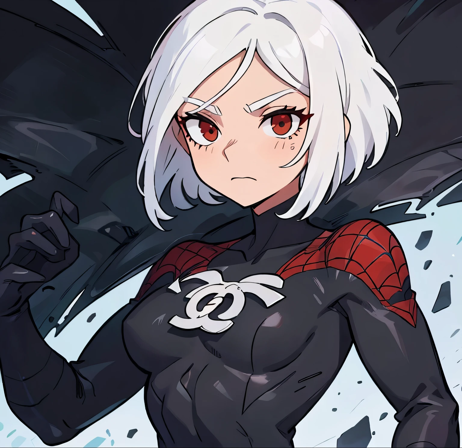 desenho animado, all black spider-man suit, garota, medium hair, white hair, chanel hair , foco facial, red eyes, white brown, white spider in chest