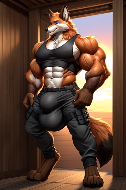 red fox, Full Body Furry, (fox tail), paws with claws,pass upright,((on a sunset tropical island)), (((digitigrade))), (((brown paws))), (((brown forearms))), blue eyes, ((black mark on muzzle)), (((fox mane))),(((fluffy neck))), dogtags, (((((thight tactical pants, thight tank top))))), , paw pad, His body pulses with growth as he begins to fill his clothes.. He is starting to overfill his clothes with his large size, his muscles growing uncontrollably. He is pushed against the confines of the chamber as his body becomes massive. Growth taking over he becomes a gigantic beast of muscle, ((hunched over with growth)).(( Massive pectorals pushing out as his body pulsates and heaves bigger)).((massive Wellington bicep)), (((huge package, huge bulge, massive package, massive bulge))), powerful build, thick, overloaded muscles, very tall,(( massive ten pack abs)), ((horny look)), holding is bulge,(muscle:1.5)