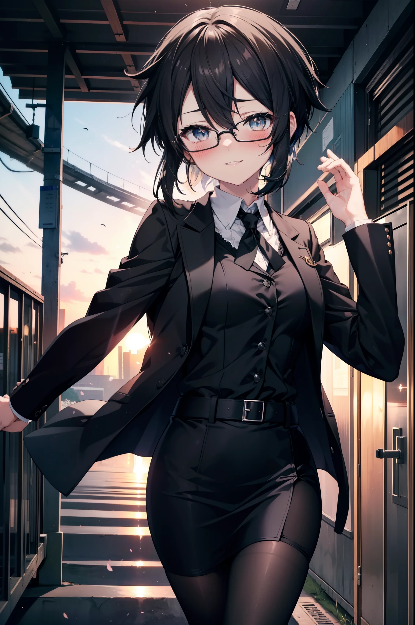 Shino Asada, Shino Asada, (black eye:1.5), Black Hair, Hair between the eyes, Hair Ribbon, short hair, Side Lock, Black-rimmed glasses, Medium-sized bust office lady, Black suit jacket, Collared jacket, White dress shirt, Collared shirt, Neckline, button, Black pencil skirt, Black pantyhose, Stiletto heels,happy smile, smile, Open your mouth, smile,blush,charm, whole bodyがイラストに入るように,morning,morning陽,The sun is rising,Walking,
break looking at viewer,whole body,crowd, people々々,
break outdoors, In town,Building district,
break (masterpiece:1.2), highest quality, High resolution, unity 8k wallpaper, (shape:0.8), (Fine and beautiful eyes:1.6), Highly detailed face, Perfect lighting, Highly detailed CG, (Perfect hands, Perfect Anatomy),