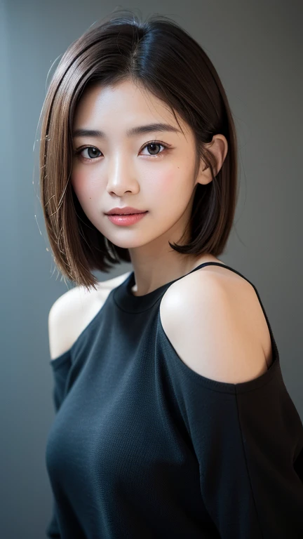 (((Close-up of face)))、(((Absolutely shoulder-length brown straight short bob)))、(((She is posing like a hair salon model, with a black wall indoors as the background.)))、(((Casual black winter long sleeves with shoulders covered)))、Half Japanese, half Korean、18 year old girl、Standing Alone、Looking forward、Light eye makeup、Brown Hair Color、Flat and 、Hair blowing in the wind、Actress Quality、Glossy, ultra-realistic face、Smiling face、Watery eyes、Gazing Up、Subtle lighting effects、 Ultra-Realistic Capture、Very detailed、High resolution 16K close up of human skin。Skin texture must be natural、The details must be such that pores can be clearly seen、The skin is healthy、Uniform tone、Use natural light and colors、A worn-out, high-quality photo taken by a model agency's in-house photographer.、smile、(((SIGMA 300 mm F/1.4,1/1000 sec shutter,ISO 400)))