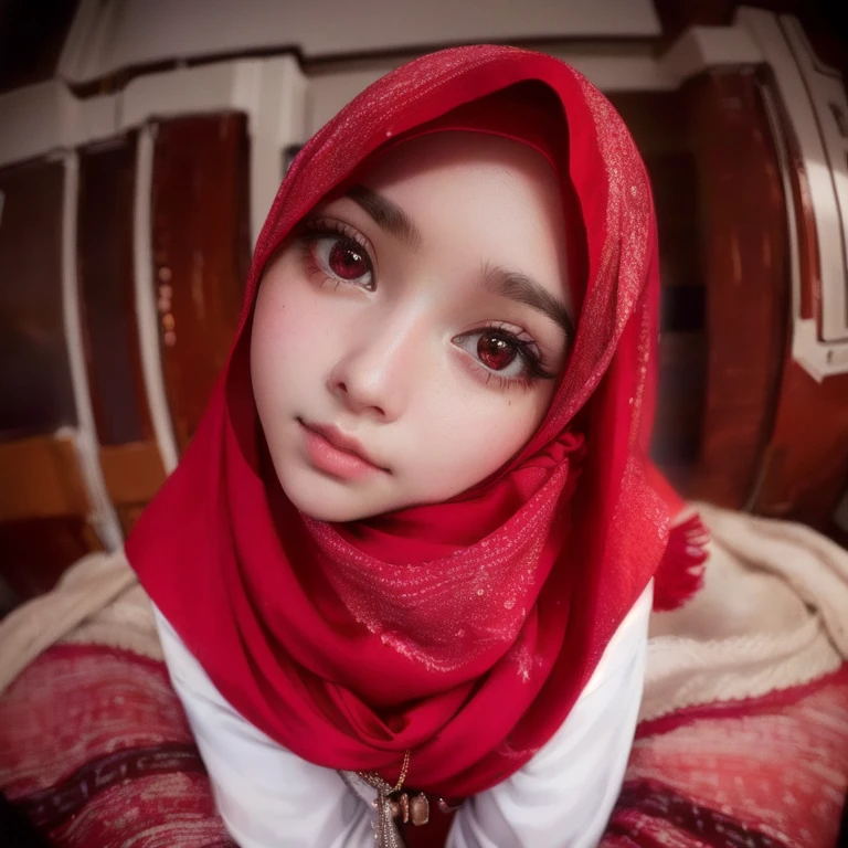 there is a young girl wearing a red scarf and a white shirt, hijab, ruan cute vtuber, cute beautiful, close up potrait, with big eyes, foto realistic, girl cute-fine-face, ((red)) baggy eyes, beautiful cute,beautiful light,realistic