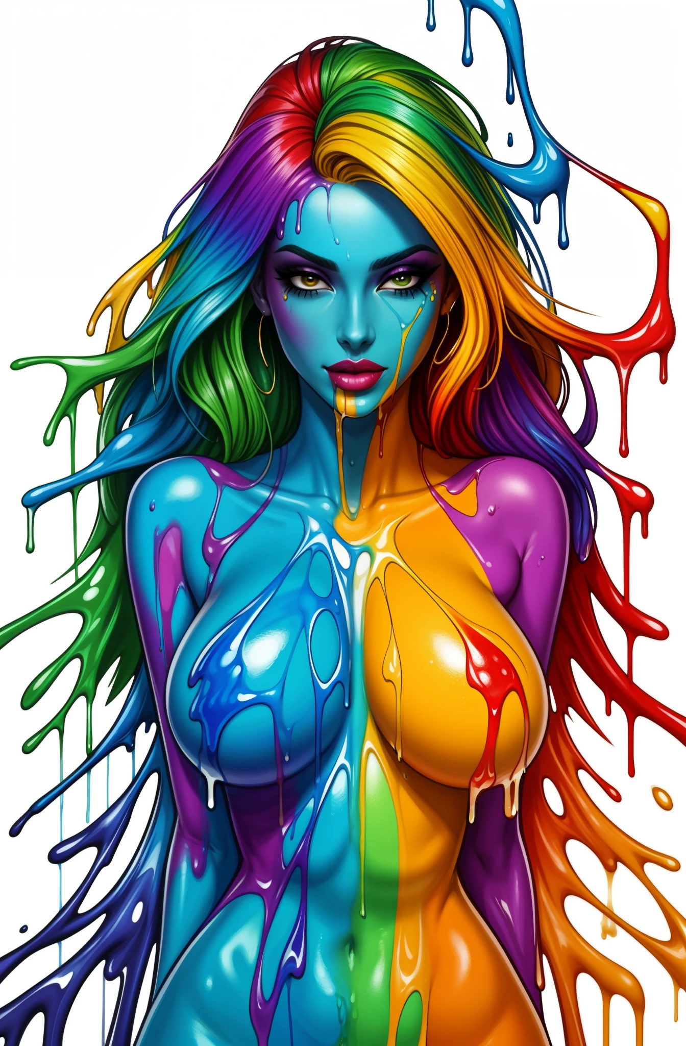 rainbow, gorgeous woman, dripping paint, liquid, dipped