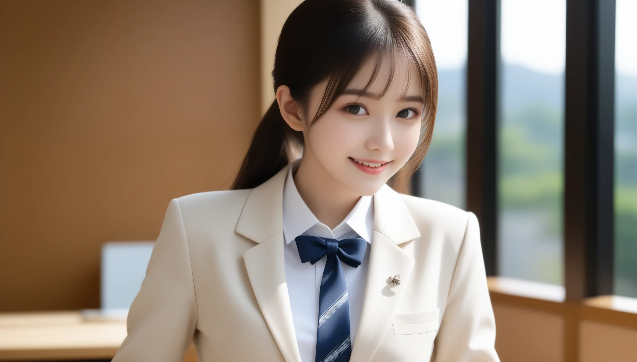 8K, Ultra-high resolution, highest quality, masterpiece, 超Realisticな, photograph, 1 girl, (16 years old:1.3), pretty girl, Cute face, Beautiful eyes in every detail,masterpiece, 1 girl, Mature Woman, Japanese girls high school blazer uniform, bow, photograph, Bobcut, Realistic, highest quality, Adopted, detailedな顔, whole body, office, Building seen from the window, detailedな背景, Diffused sunlight, ((Spread your thighs))、Sexy pose、See through 、Look at the audience、beauty,Long neck、Smile a little、Please close your mouth and laugh、(((Ideal body proportions))),A cup small breasts :2,、Portraiture:2、Perfect Anatomy、Vivid details、detailed、超Realisticな、Light and shadow,Strong light,Fashion magazine cover,Thin lips