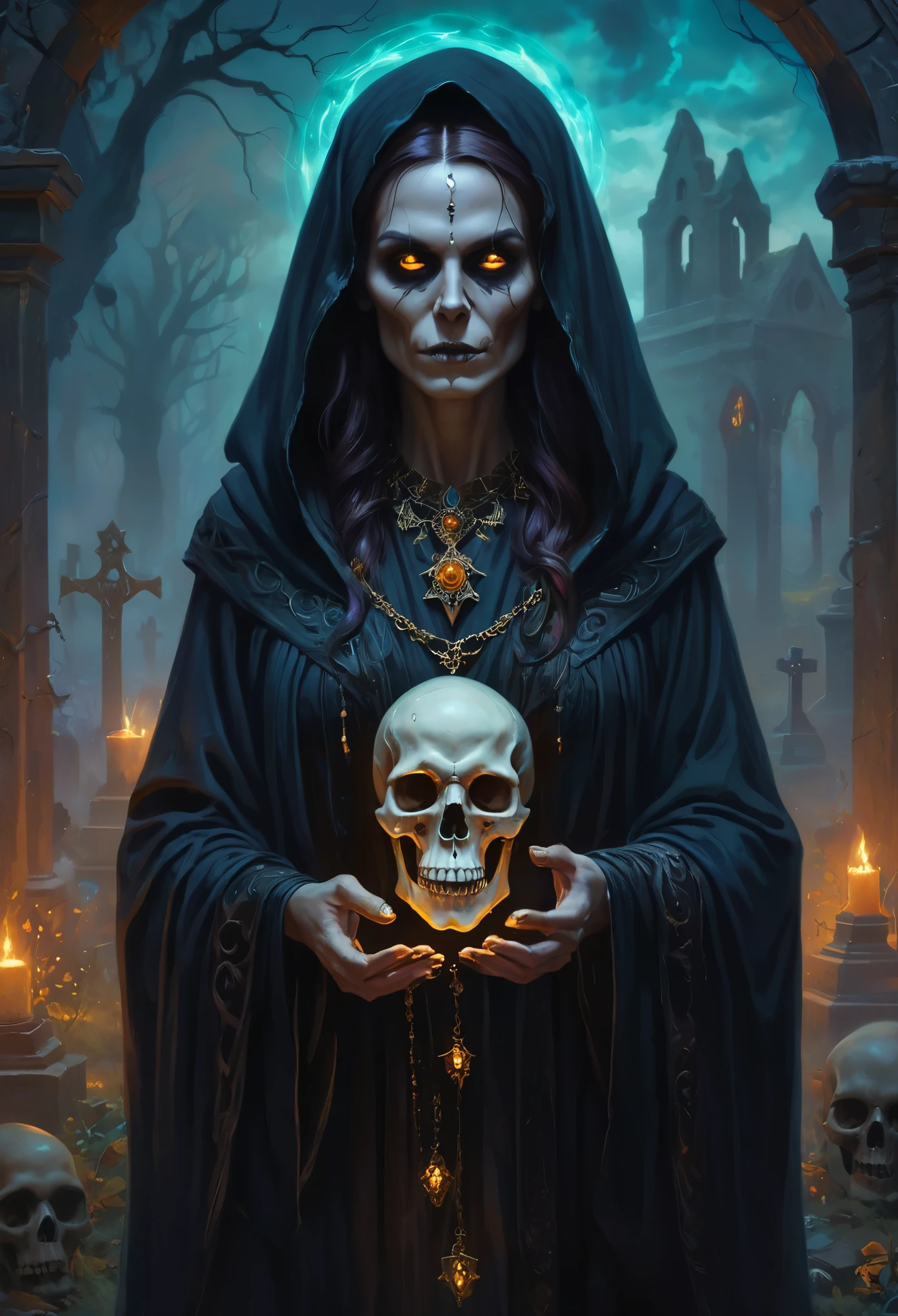 Output prompt: detailed portrait of a beautiful necromancer with glowing eyes, flowing dark robes, and intricate skull-shaped jewelry, casting powerful spells amidst a mystical graveyard; oil painting, highres, ultra-detailed, realistic lighting, dark and mysterious color palette, eerie atmosphere