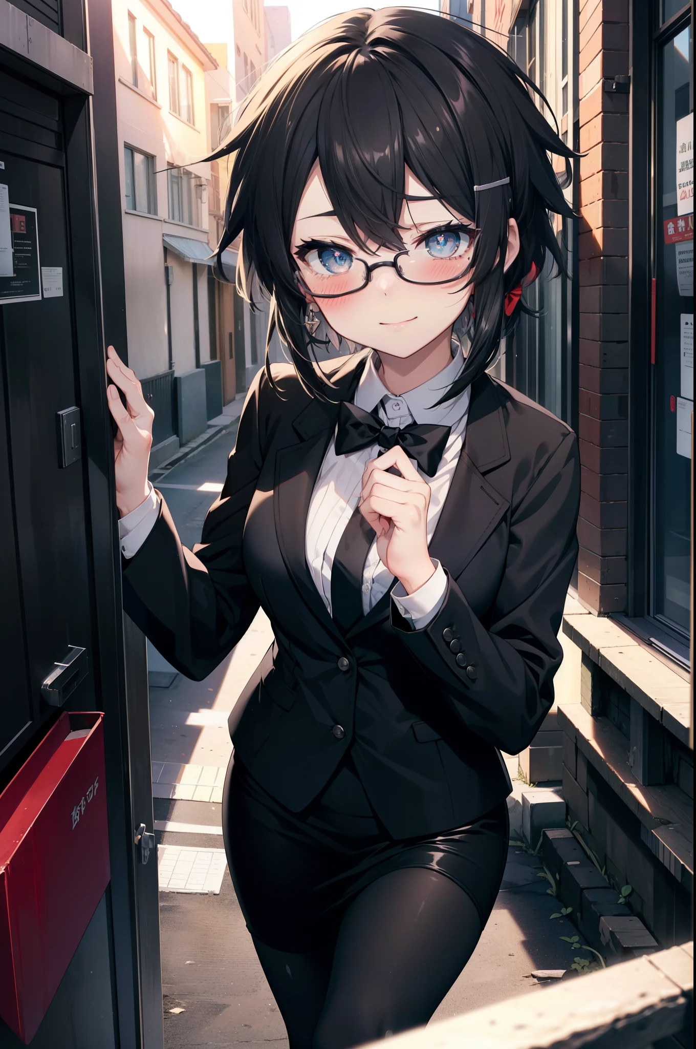 Shino Asada, Shino Asada, (black eye:1.5), Black Hair, Hair between the eyes, Hair Ribbon, short hair, Side Lock, Black-rimmed glasses, Medium-sized bust office lady, Black suit jacket, Collared jacket, White dress shirt, Collared shirt, Neckline, button, Black pencil skirt, Black pantyhose, Stiletto heels,happy smile, smile, Open your mouth, smile,blush,charm, whole bodyがイラストに入るように,morning,morning陽,The sun is rising,Walking,
break looking at viewer,whole body,crowd, people々々,
break outdoors, In town,Building district,
break (masterpiece:1.2), highest quality, High resolution, unity 8k wallpaper, (shape:0.8), (Fine and beautiful eyes:1.6), Highly detailed face, Perfect lighting, Highly detailed CG, (Perfect hands, Perfect Anatomy),