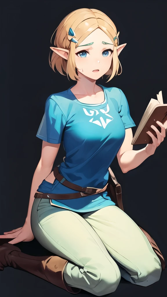 Princess Zelda, 1 girl, artist request, belt, Blonde hair, blue shirt, a book, boots, inexpressive, Whole body, green eyes, a high resolution, I look at the viewer, magic, Nintendo, trousers, Pointed ears, shirt, short hair, Simple background, One, the legend of Zelda, the legend of Zelda: breath of the wild, the legend of Zelda: tears of the kingdom, Flower of light, magic
