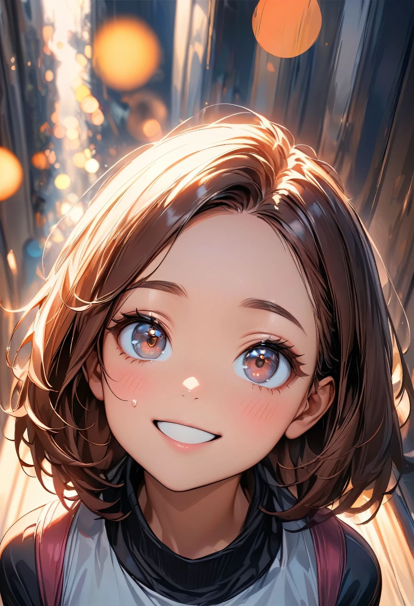 (highest quality:1.2, Very detailed, up to date, Vibrant, masterpiece:1.2, highest quality, Best aesthetics), (((1 girl))),Sweet smile, Moist eyes, Red cheeks, Leaking sigh, Portrait of a beautiful girl, Looking up, Composition from above, Gentle lighting, Shallow depth of field, Bokeh:1.2, Soft brush strokes, Oil painting style,
