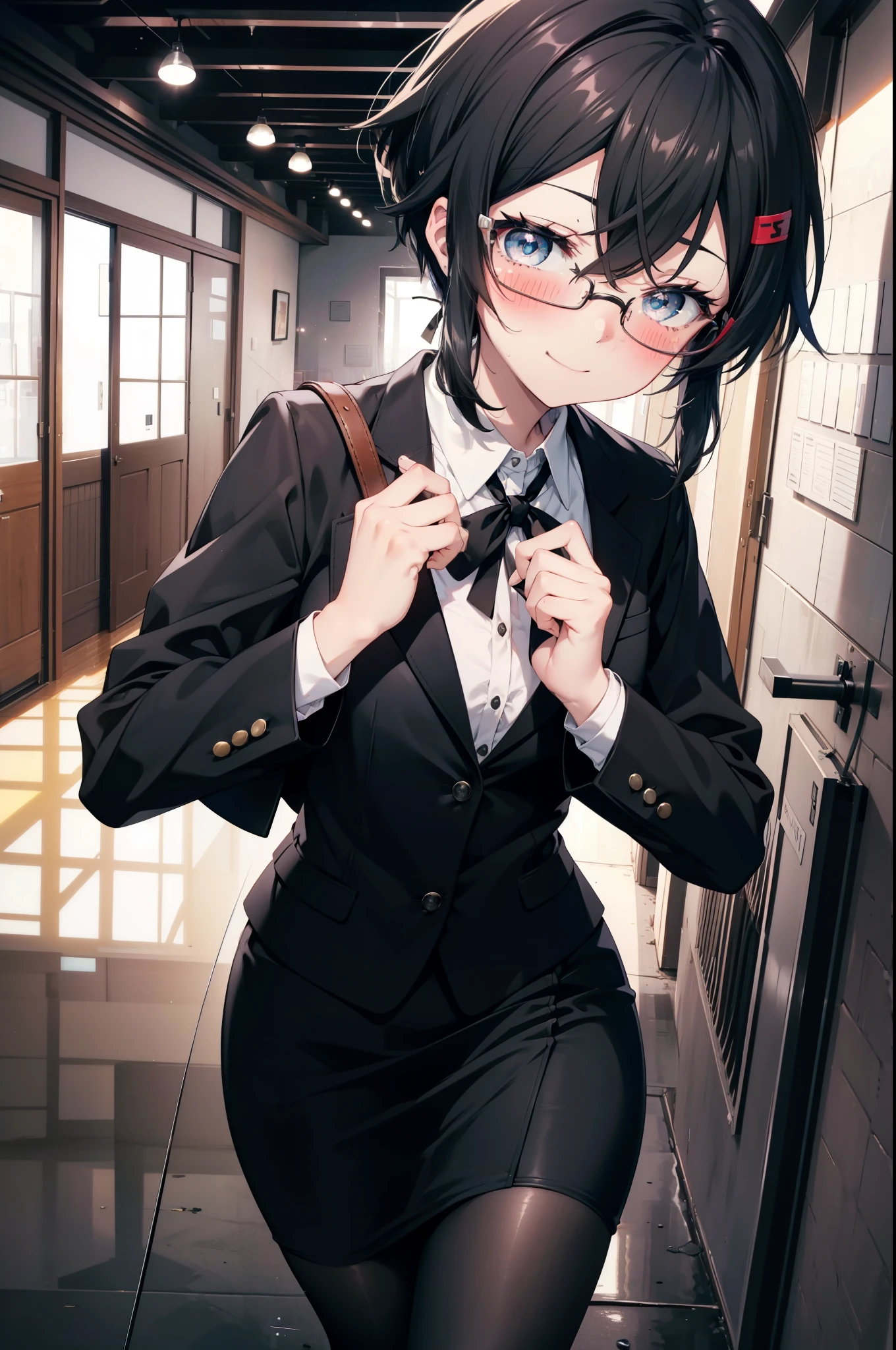 Shino Asada, Shino Asada, (black eye:1.5), Black Hair, Hair between the eyes, Hair Ribbon, short hair, Side Lock, Black-rimmed glasses, Medium-sized bust office lady, Black suit jacket, Collared jacket, White dress shirt, Collared shirt, Neckline, button, Black pencil skirt, Black pantyhose, Stiletto heels,happy smile, smile, Open your mouth, smile,blush,charm, whole bodyがイラストに入るように,morning,morning陽,The sun is rising,Walking,
break looking at viewer,whole body,crowd, people々々,
break outdoors, In town,Building district,
break (masterpiece:1.2), highest quality, High resolution, unity 8k wallpaper, (shape:0.8), (Fine and beautiful eyes:1.6), Highly detailed face, Perfect lighting, Highly detailed CG, (Perfect hands, Perfect Anatomy),