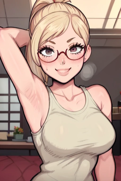 masterpiece, best quality, looking at viewer, upper body, portrait, looking at viewer, seductive smile, put your hands behind your head, armpits, armpits visible, sweaty armpits, Kaede Akiyama, very large breasts, long blonde hair, wearing black tanktop, wearing glasses, ponytail