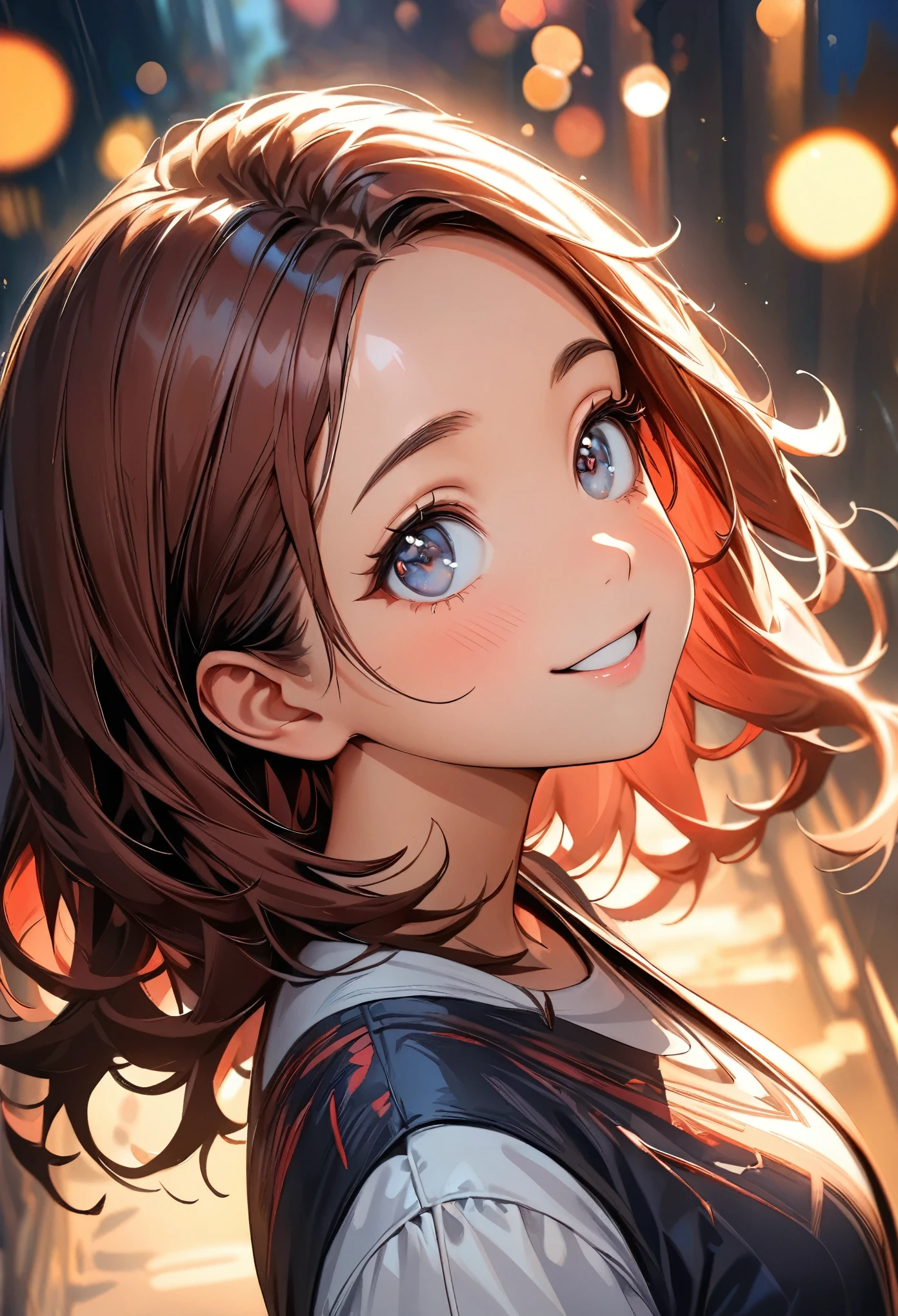 (highest quality:1.2, Very detailed, up to date, Vibrant, masterpiece:1.2, highest quality, Best aesthetics), (((1 girl))),Sweet smile, Moist eyes, Red cheeks, Leaking sigh, Portrait of a beautiful girl, Looking up, Composition from above, Gentle lighting, Shallow depth of field, Bokeh:1.2, Soft brush strokes, Oil painting style,