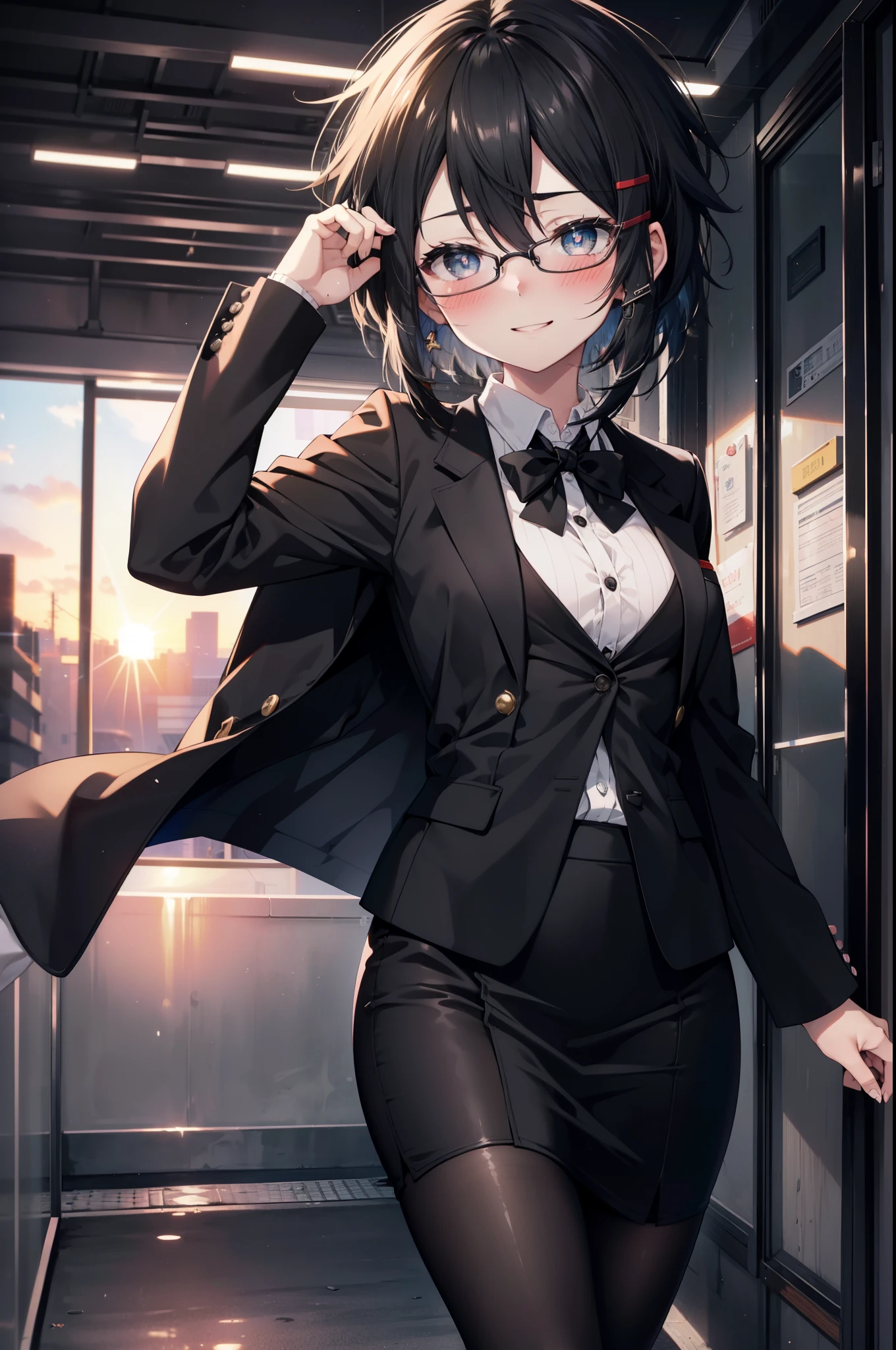 Shino Asada, Shino Asada, (black eye:1.5), Black Hair, Hair between the eyes, Hair Ribbon, short hair, Side Lock, Black-rimmed glasses, Medium-sized bust office lady, Black suit jacket, Collared jacket, White dress shirt, Collared shirt, Neckline, button, Black pencil skirt, Black pantyhose, Stiletto heels,happy smile, smile, Open your mouth, smile,blush,charm, whole bodyがイラストに入るように,morning,morning陽,The sun is rising,Walking,
break looking at viewer,whole body,crowd, people々々,
break outdoors, In town,Building district,
break (masterpiece:1.2), highest quality, High resolution, unity 8k wallpaper, (shape:0.8), (Fine and beautiful eyes:1.6), Highly detailed face, Perfect lighting, Highly detailed CG, (Perfect hands, Perfect Anatomy),