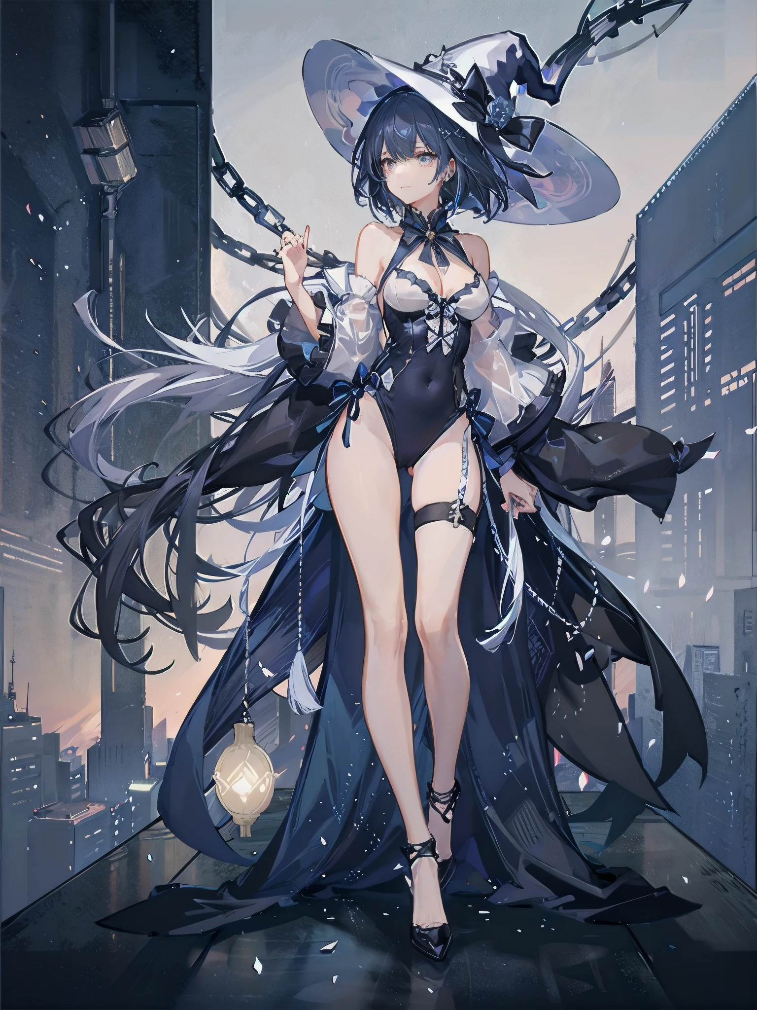 A girl stands on the rooftop of a high-rise building with a panoramic view of late-night Tokyo below.、She has a short bob with a white lob of hair and wears a large black witch hat with sapphire jewelry.、A high school student wearing a navy blue separate swimsuit with a white ribbon、She wears a large witch's hat with a small sapphire accessory、A few star creams、Beautiful starry sky、Beautiful night view、large witch's hat 、Navy blue bikini pants that dig into your stomach、Small breasts、Small breasts、Navy blue swimsuit top with white frills、I see my stomach、The area around the stomach is bare skin.、Belly button