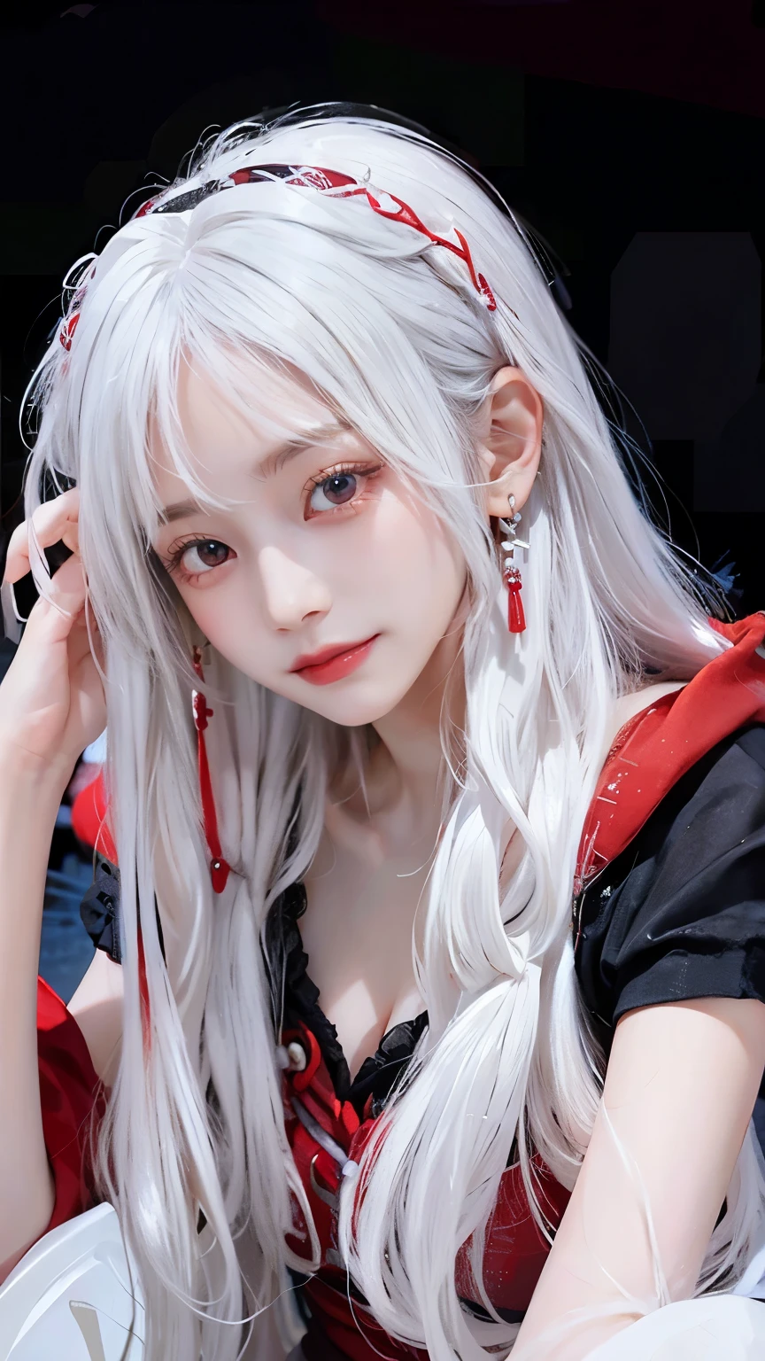 Long white hair - Red eyes - Black hair accessory - Hoodie - Elegant - Mysterious - Less revealing - Modest - Unique - Smiling - Attractive - Presence