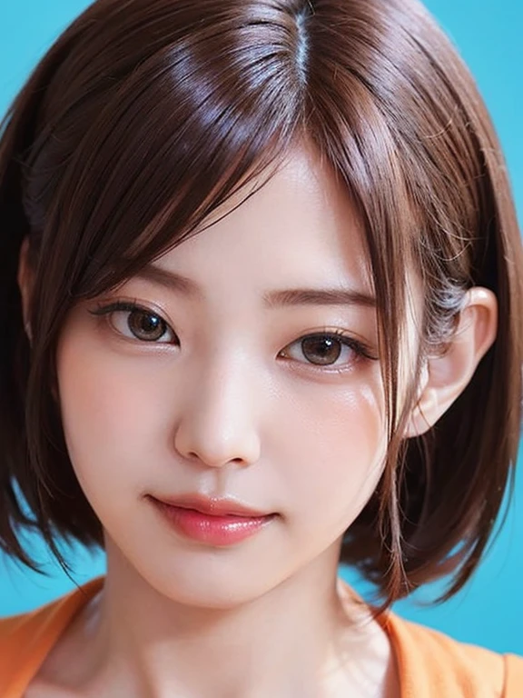 (software:1.8、masterpiece, highest quality),1 girl, alone, hyper Realistic, Realistic,Realistic, Looking at the audience, Light brown eyes:1.4,Brunette Short Bob Hair with highly detailed shiny hair, bright red clothes:1.4, Lepangas:1.4), Mouth closed, Upper Body、big chest eye、eyelash、{Huge|big chest|Hugeな|Mega} whole :2, Chest cleavage:2、(((Add highlights to the eyes:1.4、big chest eye、Short Bob Hair、Glowing Skin:1.4、Looking at the audience、She is very beautiful and cute、Show me your ears、Beautiful long neck、Bangs and beautiful teeth)))、Ideal body type、((beautiful, A blank blue background:2、simple, Blank Orange Background:2、Very simple orange background:2))、Beautiful long neck:1.4、(({Huge|big|Huge|Mega} chest, Chest cleavage:2、Upper Bodyは服を着ていない:1.6))、(((Portraiture:2、Face close-up:2、Face close-up:2)))、Perfect Anatomy