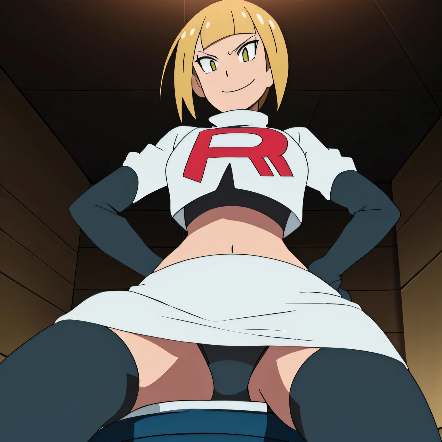 ((team rocket uniform,red letter r,white skirt,white crop top,black thigh-high boots,black elbow gloves,evil smile,looking at viewer,hands on hips,from below)),(best quality,4k,8k,highres,masterpiece:1.2),ultra-detailed,(realistic,photorealistic,photo-realistic:1.37),((HDR,UHD,studio lighting,extreme detail description,professional,portraits,red color scheme,dramatic lighting)),{{sexy squat on toilet, spread legs,black panties,Toga Himiko,UHD}}