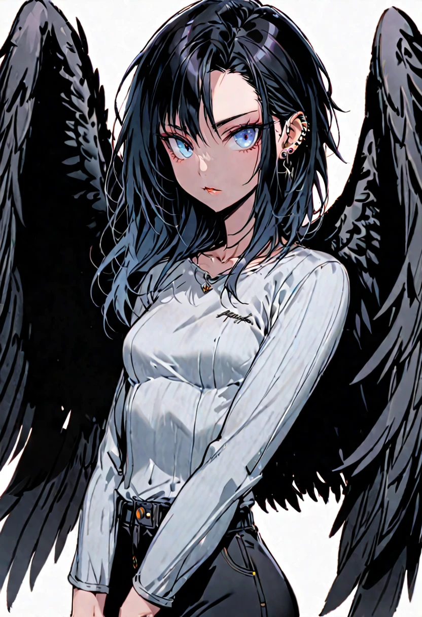 solo, female, sfw, medium shot, piercing ice blue eyes, Short sleek jet-black hair, raven Harpy, toned build, black wings, harpy, mischievous, small breasts, winged arms, tight clothes, casual clothes