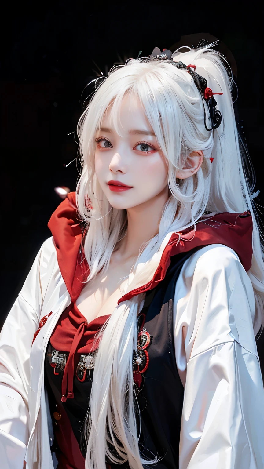 Long white hair - Red eyes - Black hair accessory - Hoodie - Elegant - Mysterious - Less revealing - Modest - Unique - Smiling - Attractive - Presence