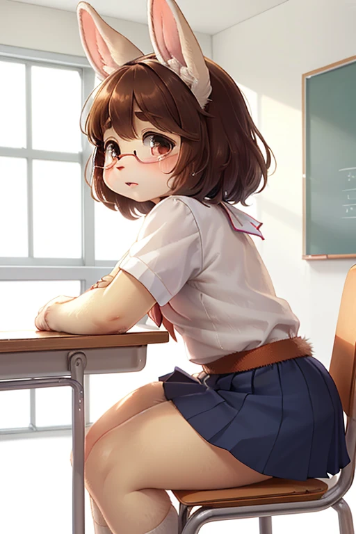 left side view , focus face , hairy bunny Short stature girl , (realistic hairy bunny fur:1.2) , round Mumps face , (tilt face:1.2) , geek , round eyes , Swollen cheeks , shy , glossy lips , in the school , Class is in progress , school sailor , skirt , sit on chair , (Pinch the hem of a skirt:1.5)