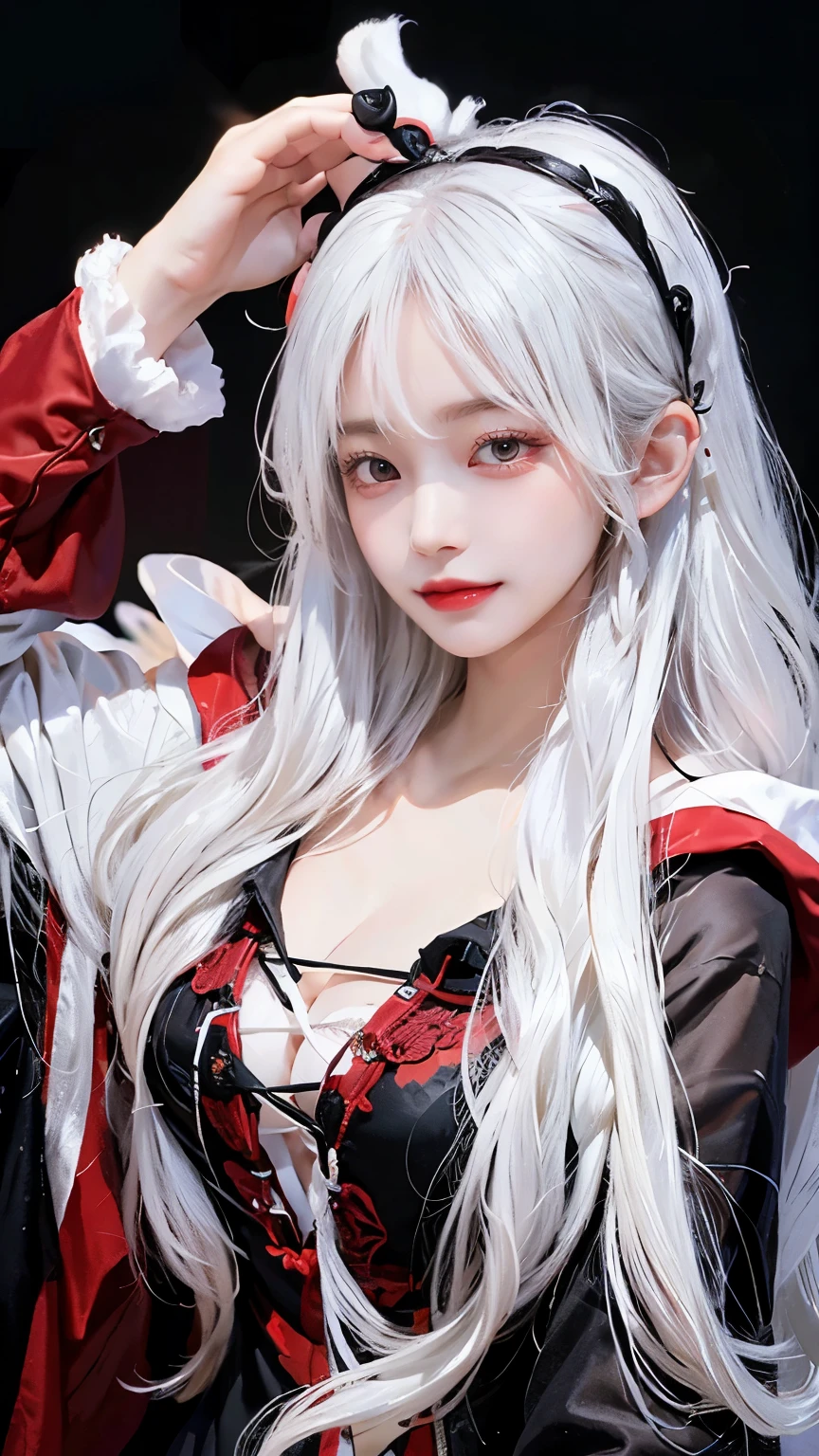 Long white hair - Red eyes - Black hair accessory - Hoodie - Elegant - Mysterious - Less revealing - Modest - Unique - Smiling - Attractive - Presence