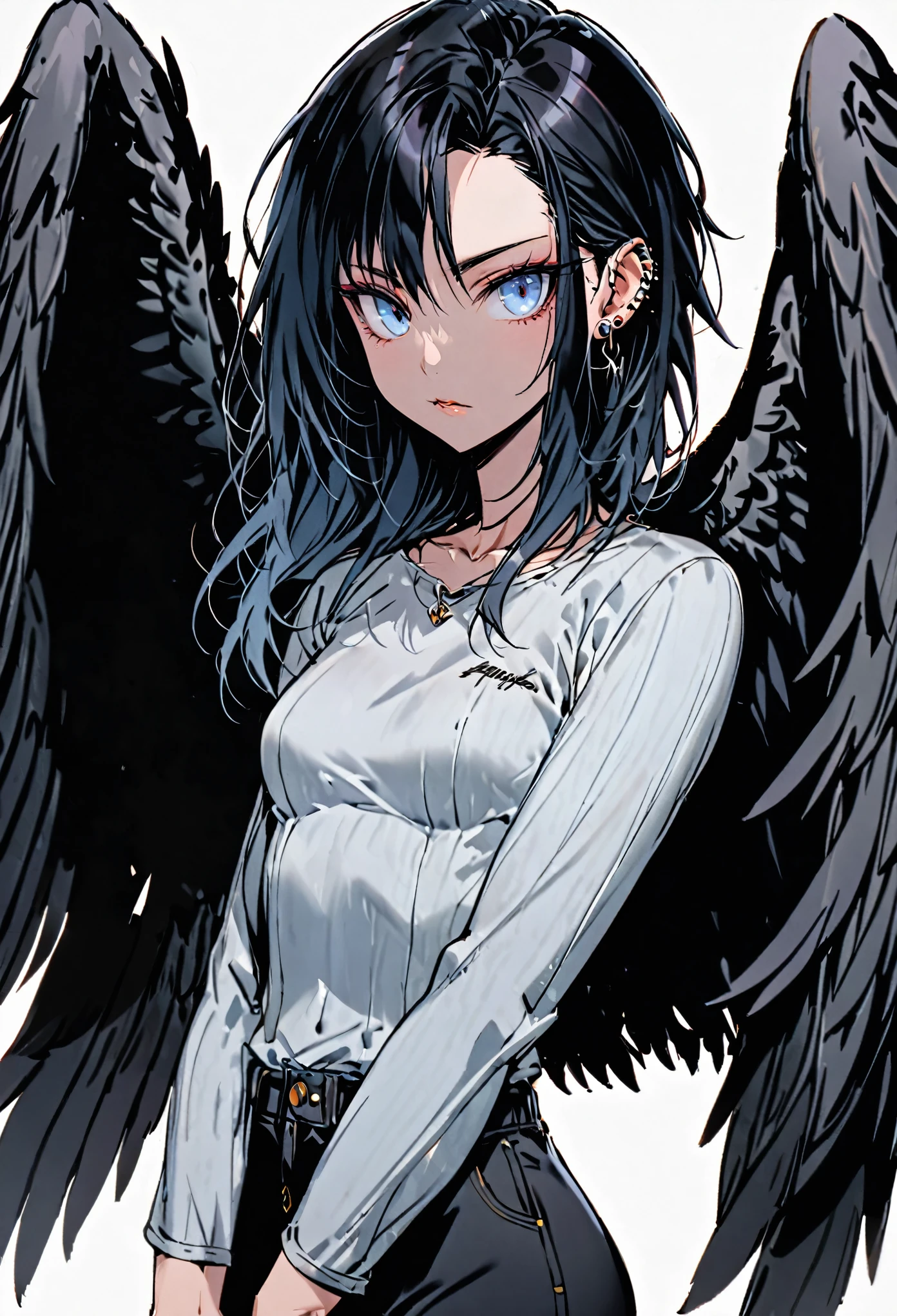 solo, female, sfw, medium shot, piercing ice blue eyes, Short sleek jet-black hair, raven Harpy, toned build, black wings, harpy, mischievous, small breasts, winged arms, tight clothes, casual clothes