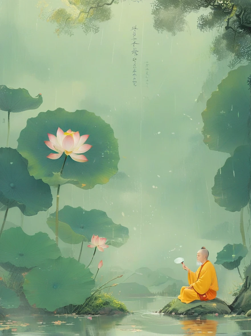 Sensible, Elderly Taoist monk sitting in lotus position, Suspended on a mossy stone，Surrounded by a floating lotus, In an old forest with dense leaves, The cyan robe has golden cloud patterns on it., Ancient calligraphic symbols swirl around him, A circle of golden light descended from the sky, Sacred and peaceful atmosphere, Forest creatures and peaceful observation, The scent of sandalwood, The sound of a mountain stream, Mysterious scene.(best quality,4K,8k,high resolution,masterpiece:1.2),Super detailed,Intricate details,The award-winning,Movie Lighting,dramatic shadows,Rich in details,Volumetric Lighting,脸部Rich in details,Elegant composition,atmosphere,paisagem de fantasia,Studio Ghibli style