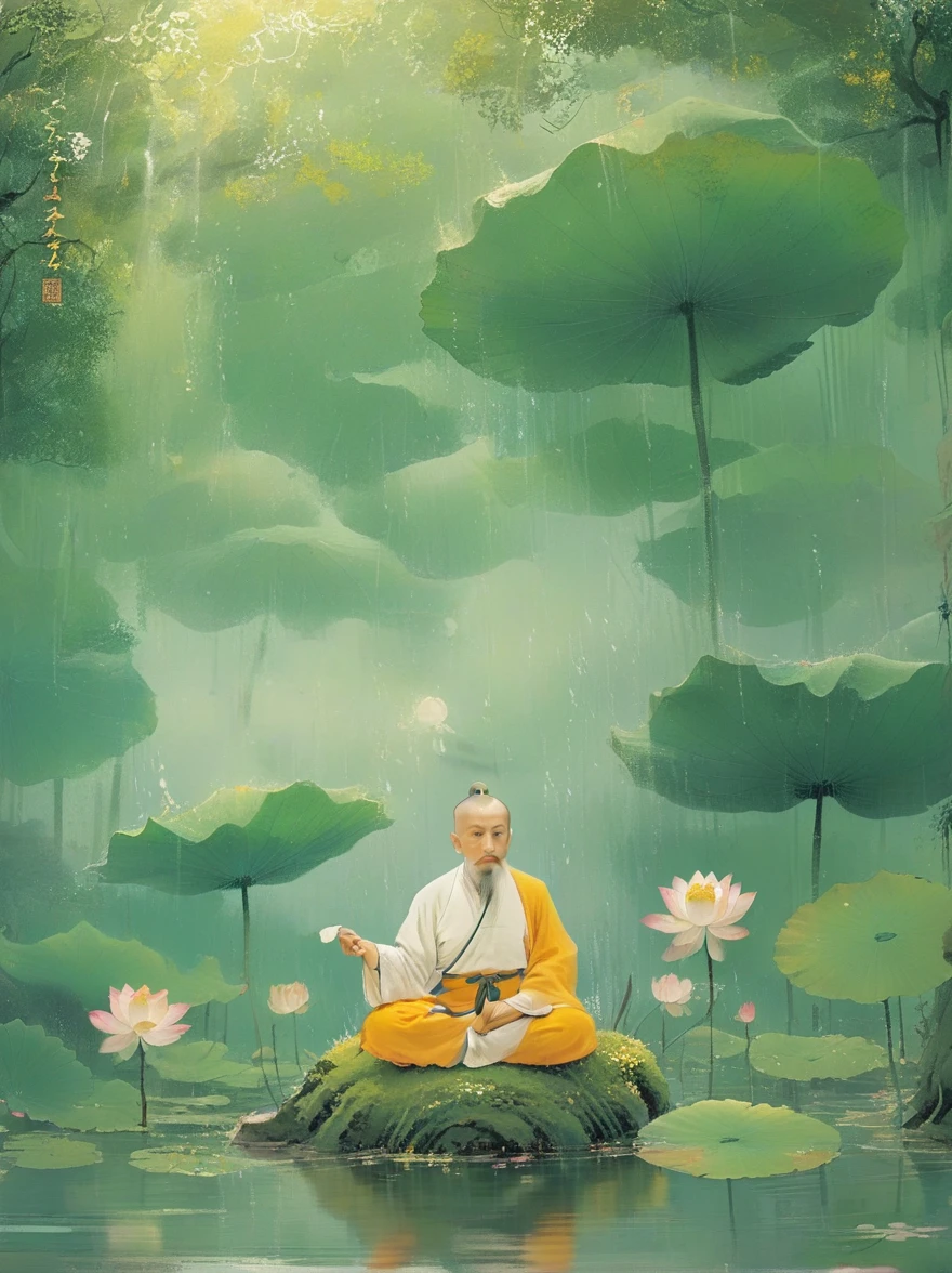 Sensible, Elderly Taoist monk sitting in lotus position, Suspended on a mossy stone，Surrounded by a floating lotus, In an old forest with dense leaves, The cyan robe has golden cloud patterns on it., Ancient calligraphic symbols swirl around him, A circle of golden light descended from the sky, Sacred and peaceful atmosphere, Forest creatures and peaceful observation, The scent of sandalwood, The sound of a mountain stream, Mysterious scene.(best quality,4K,8k,high resolution,masterpiece:1.2),Super detailed,Intricate details,The award-winning,Movie Lighting,dramatic shadows,Rich in details,Volumetric Lighting,脸部Rich in details,Elegant composition,atmosphere,paisagem de fantasia,Studio Ghibli style