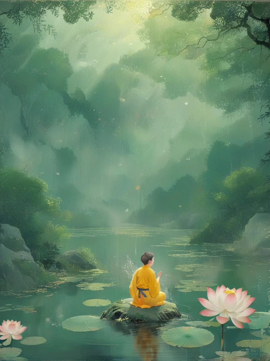 Sensible, Elderly Taoist monk sitting in lotus position, Suspended on a mossy stone，Surrounded by a floating lotus, In an old forest with dense leaves, The cyan robe has golden cloud patterns on it., Ancient calligraphic symbols swirl around him, A circle of golden light descended from the sky, Sacred and peaceful atmosphere, Forest creatures and peaceful observation, The scent of sandalwood, The sound of a mountain stream, Mysterious scene.(best quality,4K,8k,high resolution,masterpiece:1.2),Super detailed,Intricate details,The award-winning,Movie Lighting,dramatic shadows,Rich in details,Volumetric Lighting,脸部Rich in details,Elegant composition,atmosphere,paisagem de fantasia,Studio Ghibli style