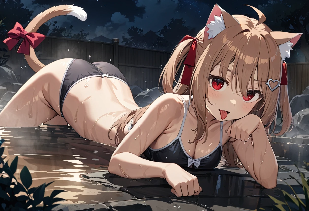 1girl, evil neuro-sama, (yuzu modoki), red eyes, light brown hair, ahoge, two side up, hair ribbon, dark red ribbon, heart hair ornament, (masterpiece, best quality), highly detailed, finely detailed, natural lighting, detailed scenery, wet, steam, outside, night, onsen, underwear, swimsuit, cat ears, cat tail, tail bow, top down bottom up, tongue out, open mouth, paw pose, looking at viewer,