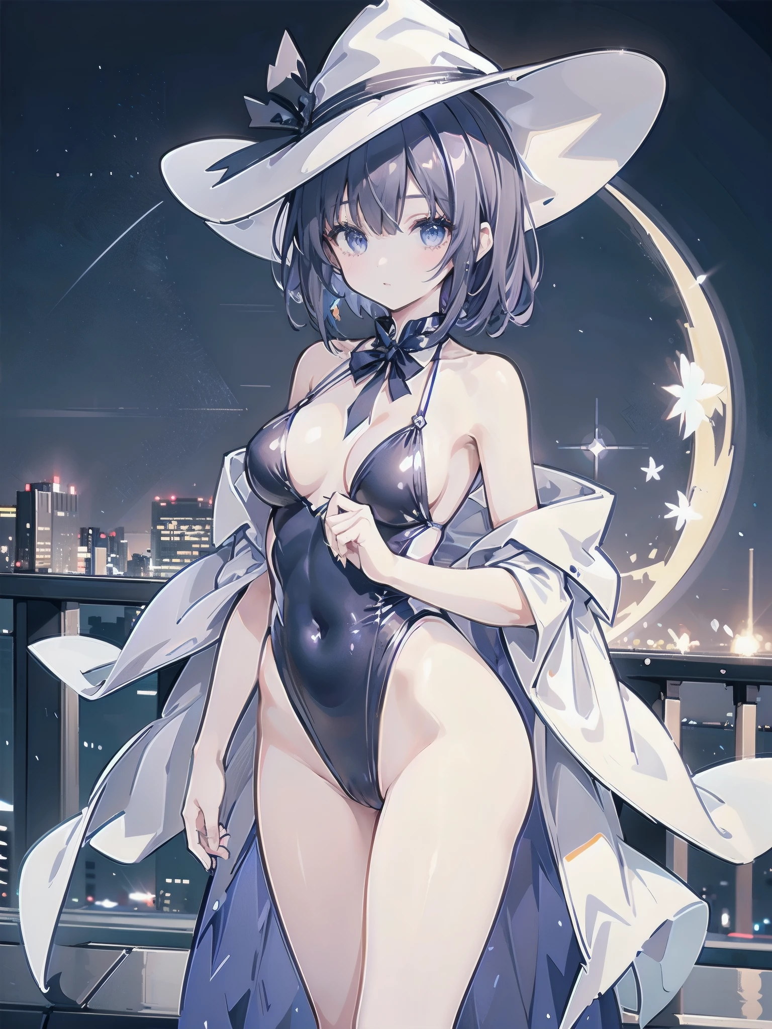 A girl stands on the rooftop of a high-rise building with a panoramic view of late-night Tokyo below.、She has a short bob with a white lob of hair and wears a large black witch hat with sapphire jewelry.、A high school student wearing a navy blue separate swimsuit with a white ribbon、She wears a large witch's hat with a small sapphire accessory、A few star creams、Beautiful starry sky、Beautiful night view、large witch's hat 、Navy blue bikini pants that dig into your stomach、Small breasts、Small breasts、Navy blue swimsuit top with white frills、I see my stomach、The area around the stomach is bare skin.、Belly button、Halterneck bikini、