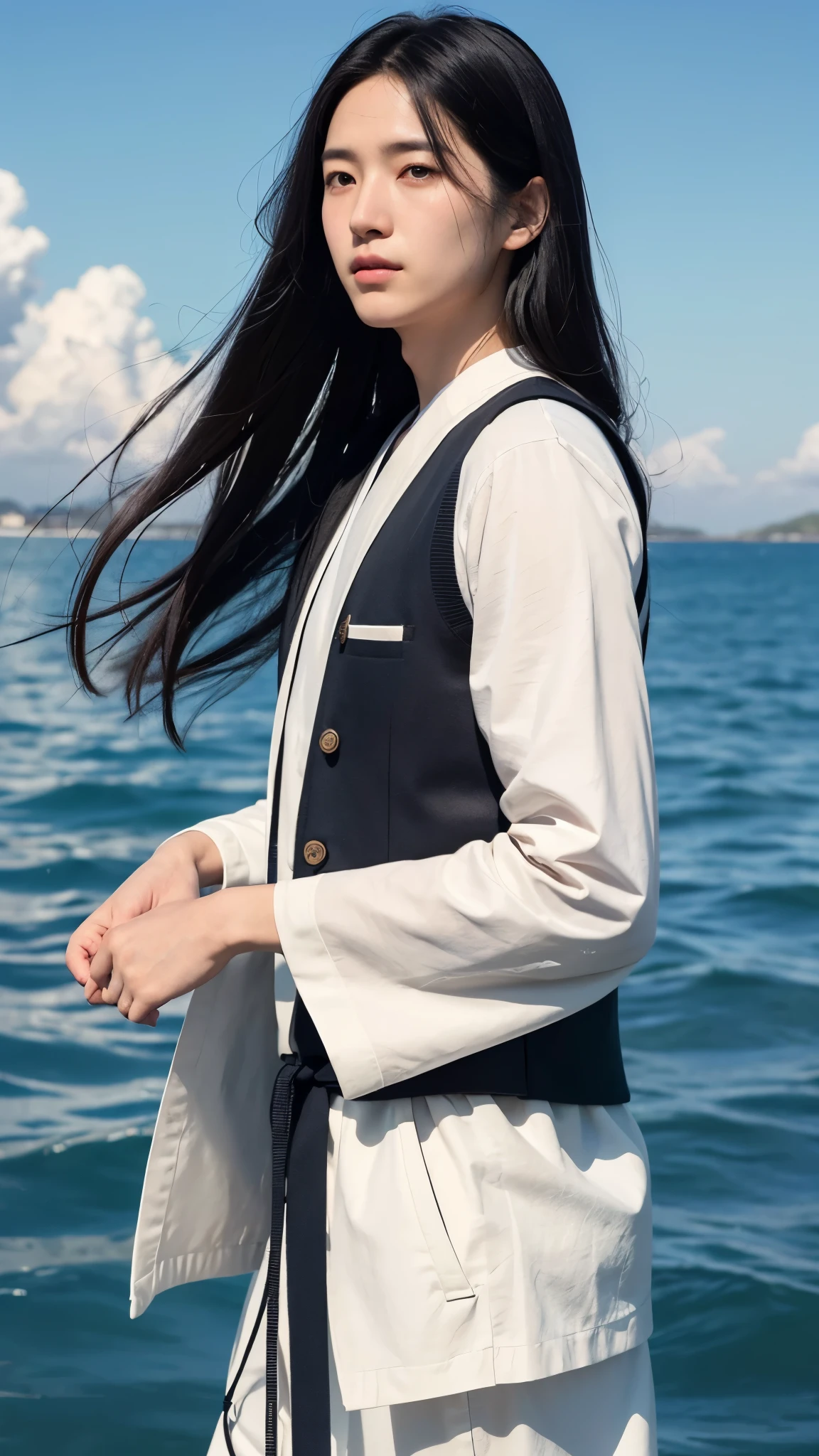 A young man with long black hair and wearing a vest、In front of a blue sky illuminated by fluffy white clouds、Standing there in a daze。The sunshine casts a warm glow on my face、The breeze blows my bangs、Looking into my dark eyes、Staring intently at the viewer。Black hair fluttering in the wind、It frames a closed mouth and a prominent nose。The horizon spreads out before my eyes、Separating the calm sea from the quiet sky。He is wearing traditional Japanese clothing.、It adds to the authenticity of the scene.。The water surface is illuminated by sunlight.、Reflects a vibrant blue sky。This scene exudes a sense of realism.、