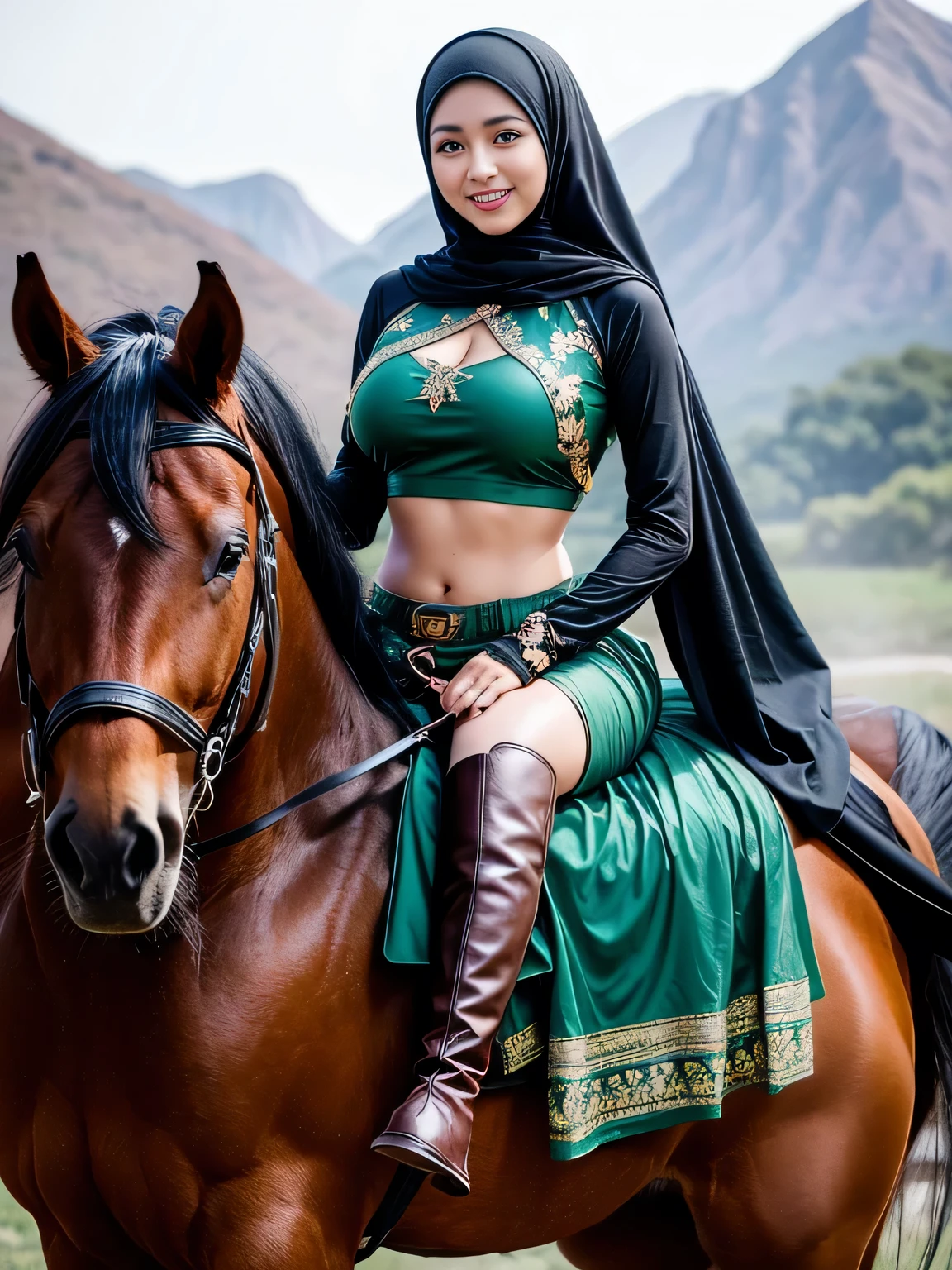 A beauty Malay woman on horse (horse:1.3), hijab dress, cowboy shot, 1girl, black hair, long hair, green eyes, big breast, big , solo, ahoge, midriff, boots, smile, navel, cleavage, 