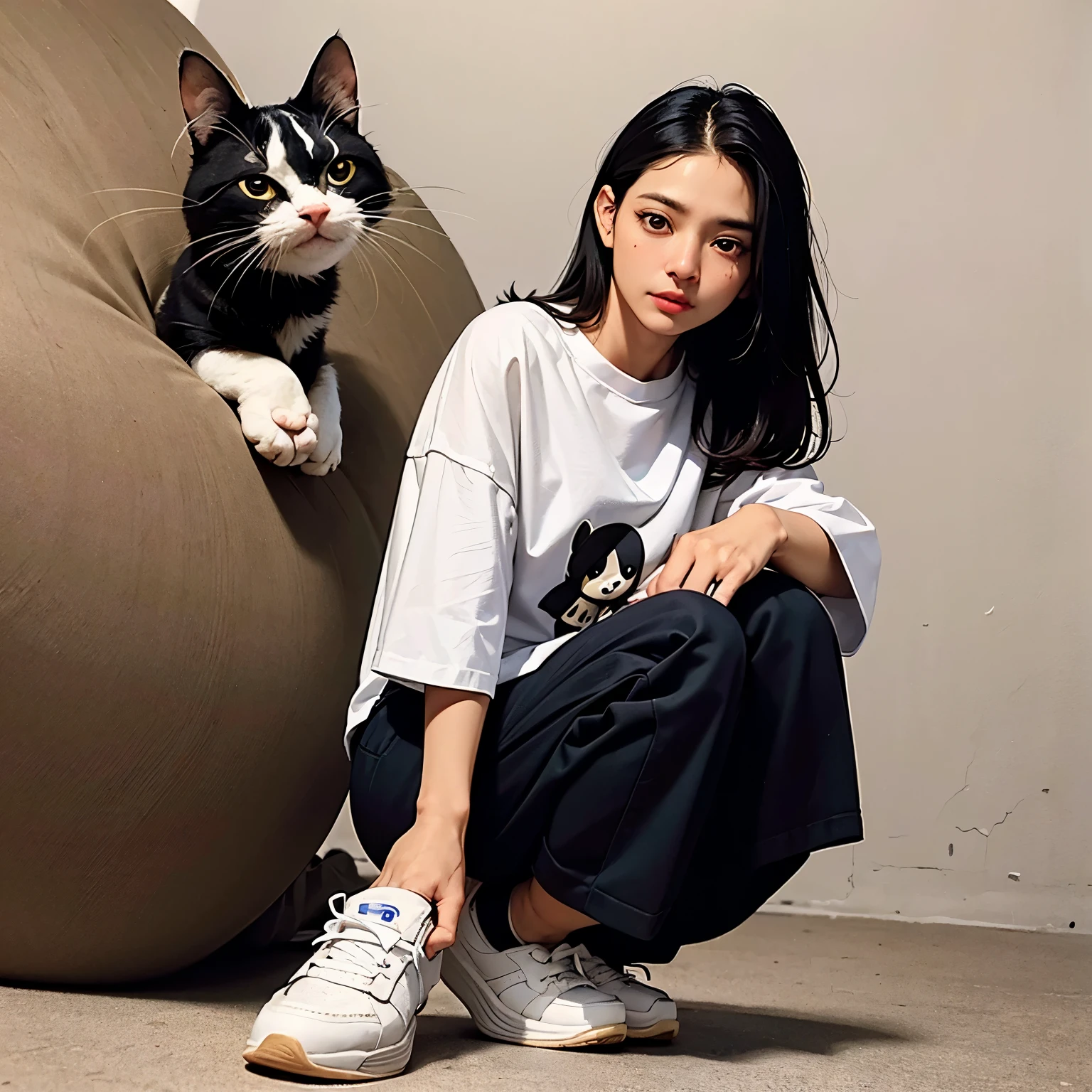 perfect face and neutral expression, a woman with light skin medium black hair, usando uma touca preta com orelhinhas de gato, uma camisa social branca com uma gravata preta, wide black pants with white sneakers
