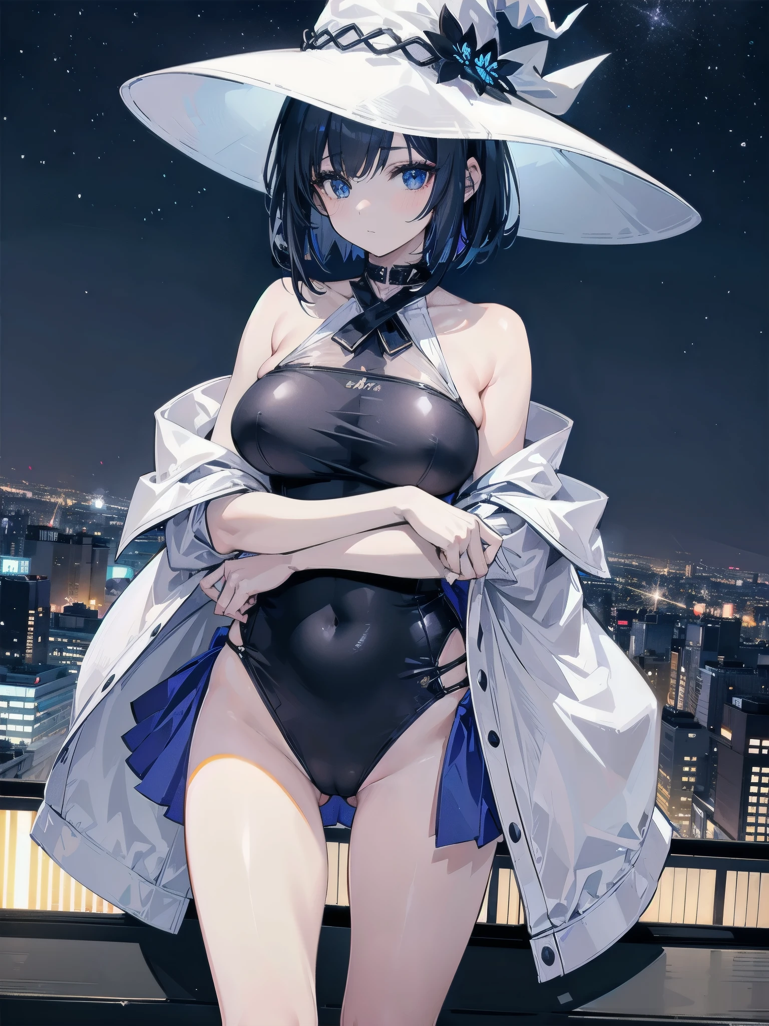 A girl stands on the rooftop of a high-rise building with a panoramic view of late-night Tokyo below.、She has a short bob with a white lob of hair and wears a large black witch hat with sapphire jewelry.、A high school student wearing a navy blue separate swimsuit with a white ribbon、She wears a large witch&#39;s hat with a small sapphire accessory、A few star creams、Beautiful starry sky、Beautiful night view、large witch's hat 、Navy blue bikini pants that dig into your stomach、Small breasts、Small breasts、Navy blue swimsuit top with white frills、I see my stomach、The area around the stomach is bare skin.、Belly button、Halterneck bikini、hot pants