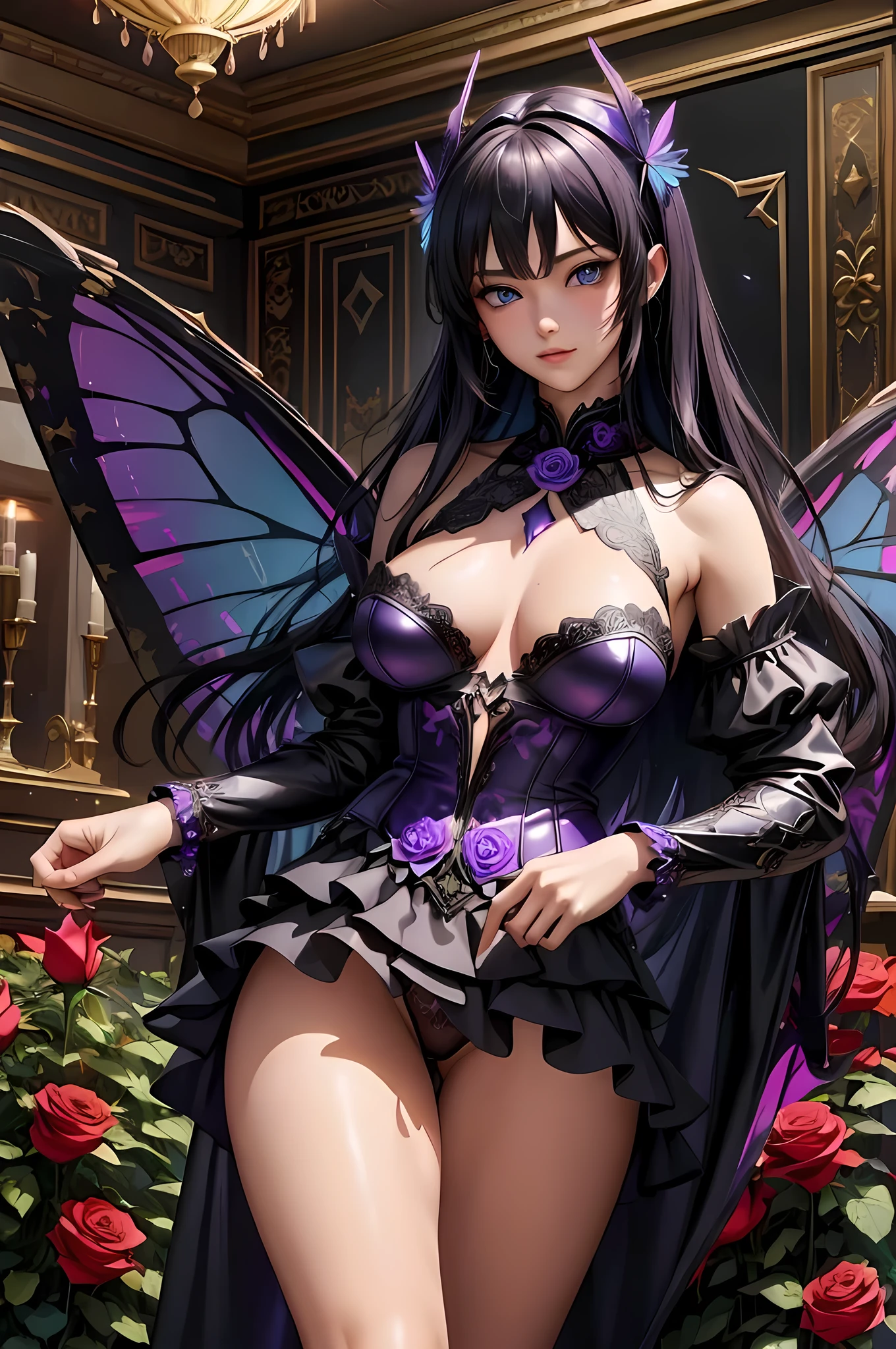 high details, best quality, 16k, RAW, [best detailed], masterpiece, best quality, (extremely detailed), GlowingRunes_paleblue, full body, ultra wide shot, photorealistic, fantasy art, RPG art, D&D art, a picture of a fairy selling flowers in a florist shop, extremely beautiful fairy, ultra feminine (intense details, Masterpiece, best quality), (purple: 1.3) butterfly wings (intense details, Masterpiece, best quality), purple and white wings (intense details, Masterpiece, best quality),  black hair, pixie cut hair, shinning hair, flowing hair, shy smile, innocent smile, blue eyes, wearing black skirt, dynamic elegant shirt, chocker, wearing high heels, in flower shop (intense details, Masterpiece, best quality), extreme many (red roses: 1.3) (intense details, Masterpiece, best quality), (red: 1.3) roses shop in a modern era street, High Detail, Ultra High Quality, High Resolution, 16K Resolution, Ultra HD Pictures, Ultra Realistic, Clear Details, Realistic Detail, Ultra High Definition, Big Fairy Wings, wearing edgLL leather lingerie