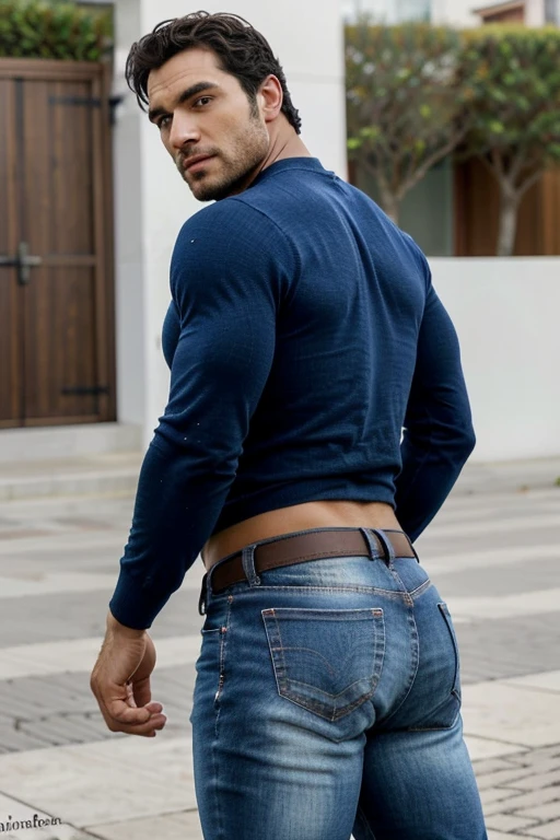 Un hombre negro con la cara se parece a Henry Cavill. Black man, Su cuerpo es musculoso y pectoral definido. paquete de seis. ingle. Cochas, pelo contra el viento. barba dentada. Big butt, in a moment of reflection. Full body. Fajado, blue White Jeans backside. Backside bent over