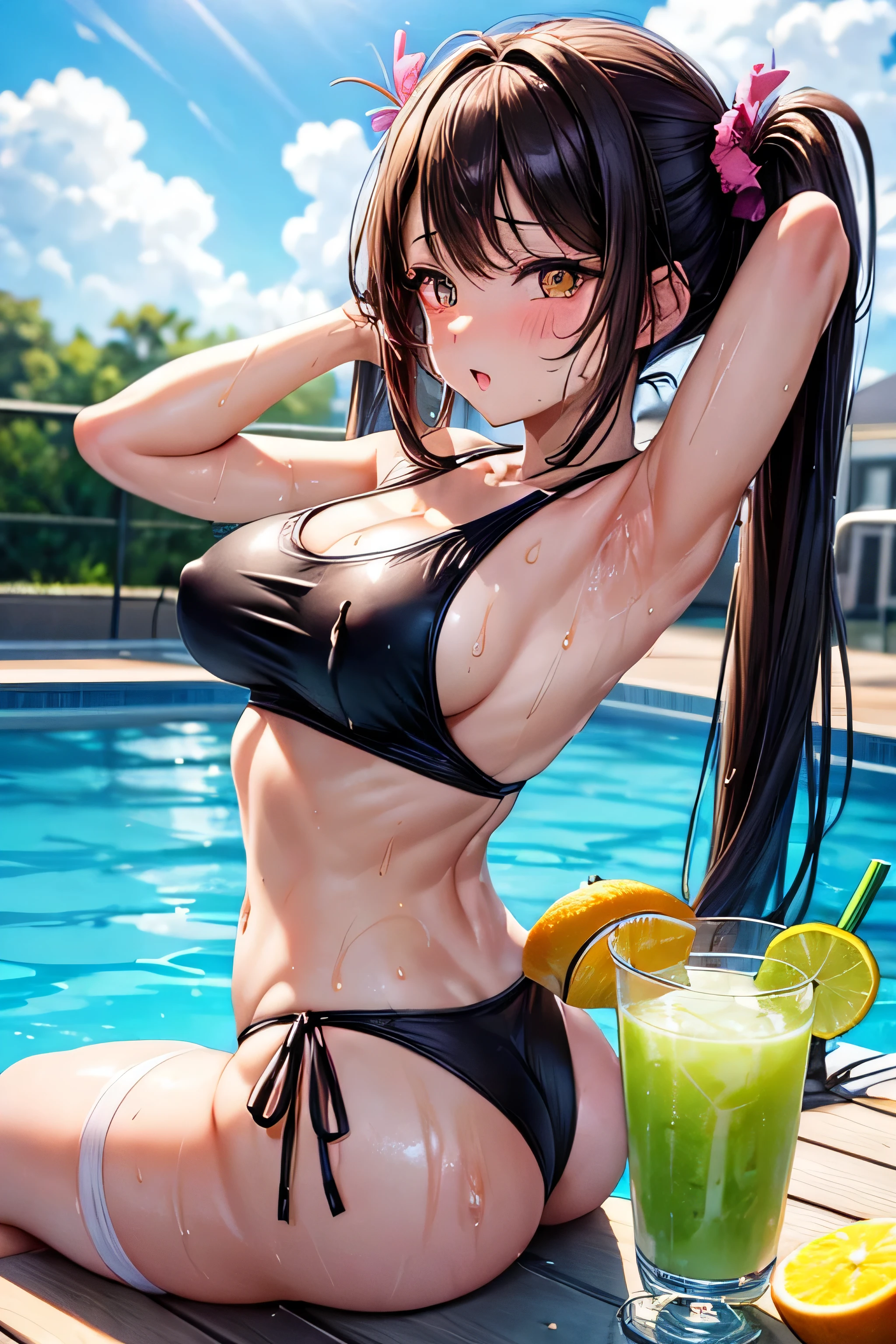 High resolution, high quality, One girl, Anime Girls, dark brown hair,long hair,twintails,dark brown eyes,heart shaped pupils, Large Breasts,beautiful breasts,pointy breasts,long nipples, (Big Ass),beautiful ass,sweat,wet,ahegao,Groin tattoo,glowing tattoo,Tank Top,pink swimsuit,lower body,sweat,wet,swimming,(open legs),arms behind head,at Poolside,(Kiwi juice),(lemon juice),(orange juice),(Pineapple juice),(Mango juice),(water),