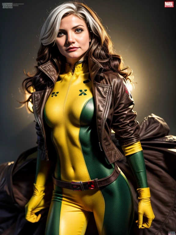 Cameron Diaz、masterpiece, High-quality 4K, Villain (X-Men), Gothic Girl, Sculpted body gothic makeup, Brown jacket, Yellow and green bodysuit, masterpiece, highest quality, Cowboy Shot, One girl, alone, Technology Military Bodysuit, fringe.