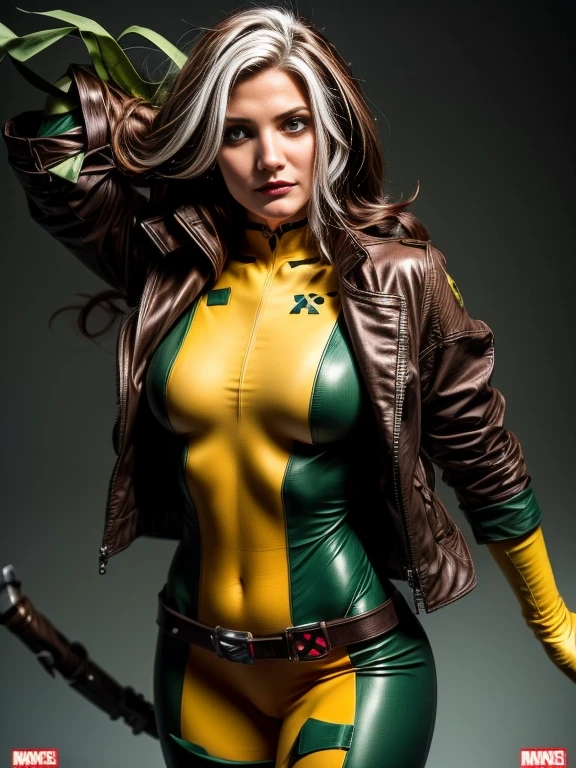 Cameron Diaz、masterpiece, High-quality 4K, Villain (X-Men), Gothic Girl, Sculpted body gothic makeup, Brown jacket, Yellow and green bodysuit, masterpiece, highest quality, Cowboy Shot, One girl, alone, Technology Military Bodysuit, fringe.