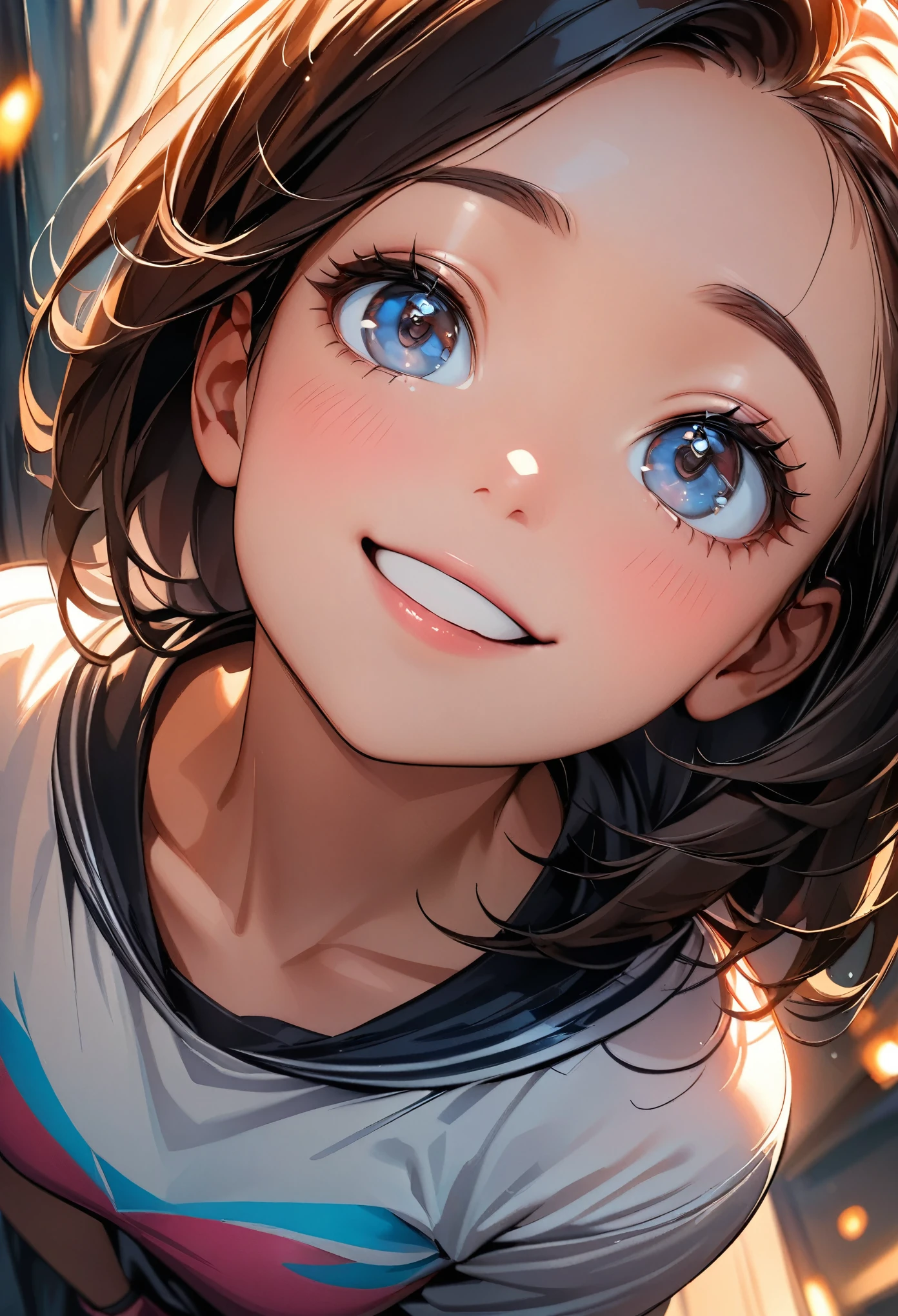 (highest quality:1.2, Very detailed, up to date, Vibrant, masterpiece:1.2, highest quality, Best aesthetics), (((1 girl))),Sweet smile, Moist eyes, Red cheeks, Leaking sigh, Portrait of a beautiful girl, Looking up, Composition from above, Gentle lighting, Shallow depth of field, Bokeh:1.2, Soft brush strokes, Oil painting style,