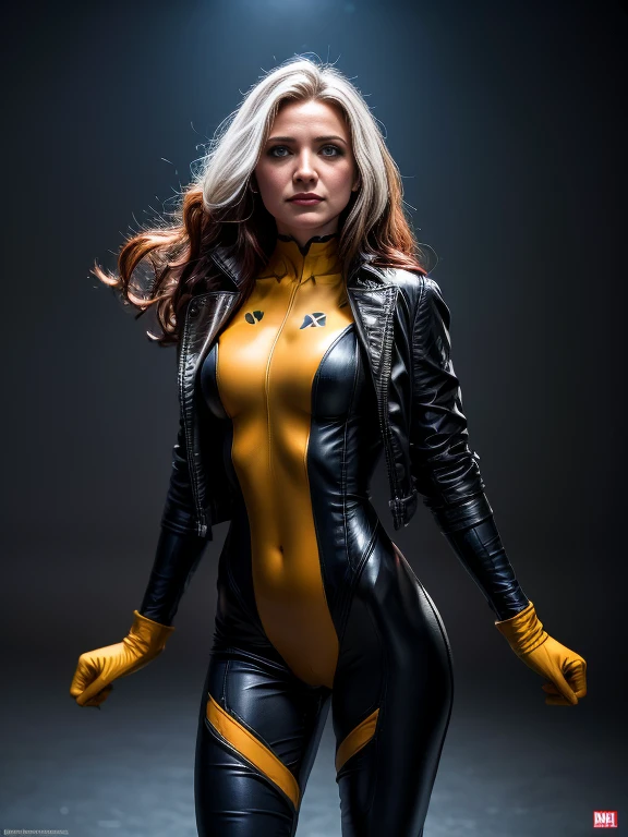Cameron Diaz、masterpiece, High-quality 4K, Villain (X-Men), Gothic Girl, Sculpted body gothic makeup, Black jacket, Red and blue bodysuit, masterpiece, highest quality, Cowboy Shot, One girl, alone, Technology Military Bodysuit, fringe.